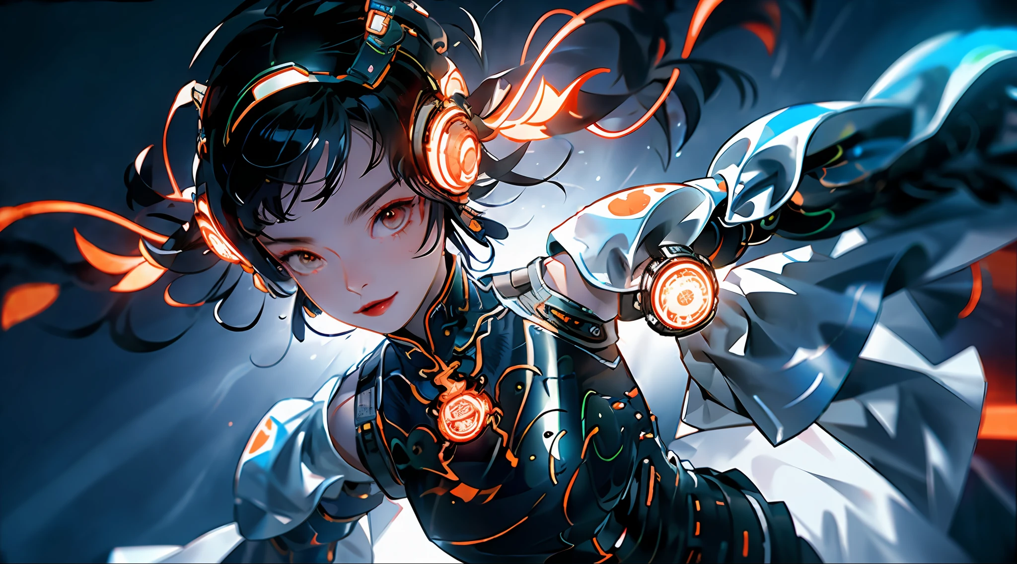 1 girl, Chinese_clothes, white and orange, cyberhan, cheongsam, cyberpunk city, dynamic pose, glowing headphones, glowing hair accessories, long hair, glowing earrings, glowing necklace, cyberpunk, high-tech city, full of mechanical and futuristic elements, futuristic, technology, glowing neon, orange, orange light, transparent tulle, transparent streamers, laser, digital background urban sky, big moon, with vehicles, best quality, masterpiece, 8K, character edge light, super high detail, High quality, the most beautiful woman in man, smiling slightly