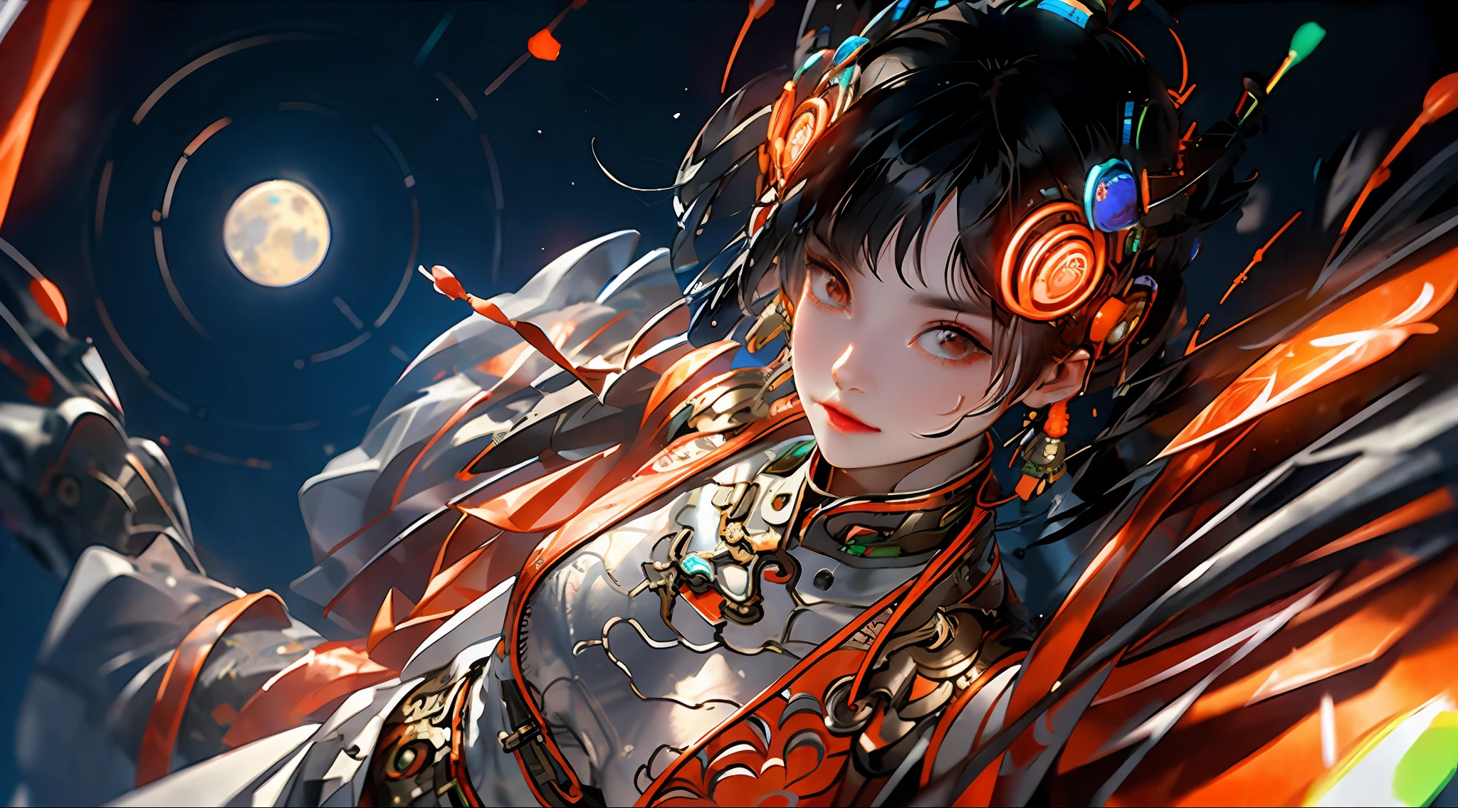 1 girl, Chinese_clothes, white and orange, cyberhan, cheongsam, cyberpunk city, dynamic pose, glowing headphones, glowing hair accessories, long hair, glowing earrings, glowing necklace, cyberpunk, high-tech city, full of mechanical and futuristic elements, futuristic, technology, glowing neon, orange, orange light, transparent tulle, transparent streamers, laser, digital background urban sky, big moon, with vehicles, best quality, masterpiece, 8K, character edge light, super high detail, High quality, the most beautiful woman in man, smiling slightly