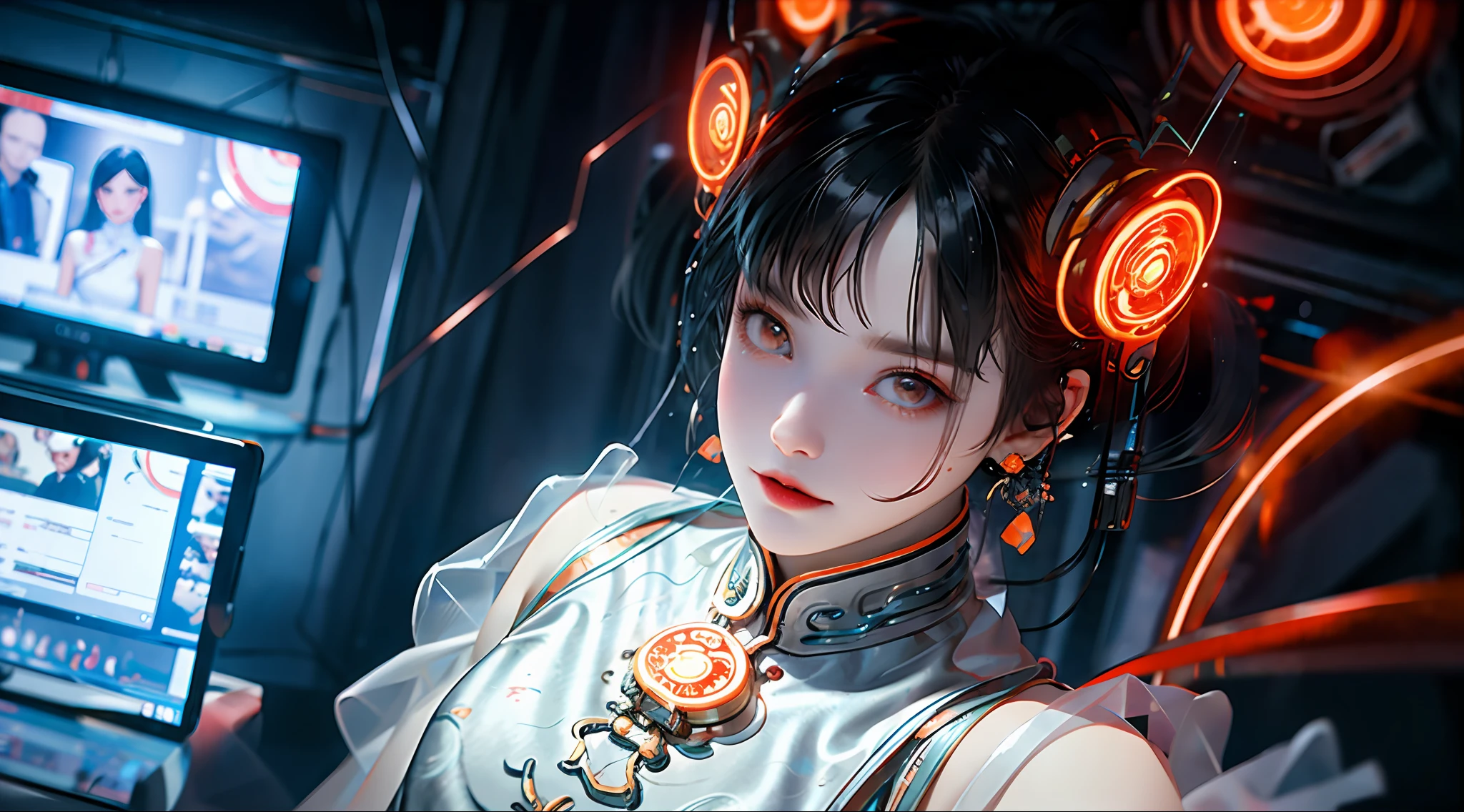 1 girl, Chinese_clothes, white and orange, cyberhan, cheongsam, cyberpunk city, dynamic pose, glowing headphones, glowing hair accessories, long hair, glowing earrings, glowing necklace, cyberpunk, high-tech city, full of mechanical and futuristic elements, futuristic, technology, glowing neon, orange, orange light, transparent tulle, transparent streamers, laser, digital background urban sky, big moon, with vehicles, best quality, masterpiece, 8K, character edge light, super high detail, High quality, the most beautiful woman in man, smiling slightly