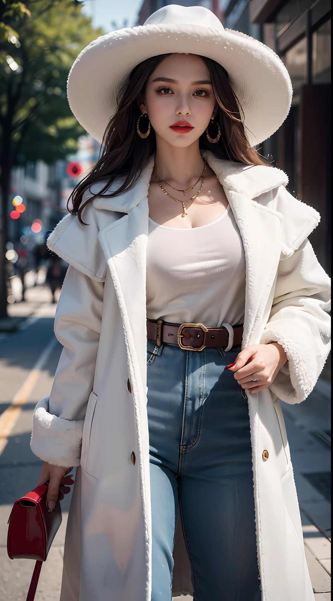 Best Quality, Masterpiece, Ultra High Resolution, (Realisticity: 1.4), Original Photo, 35 Years Old Women, White, Film Lighting, Fashion Model, Big Gun, Fox Coat, Lady, Feather Wide-brimmed Hat, Red Lips, Eye Shadow, Wide Ladies Belt, Necklace, Earrings,