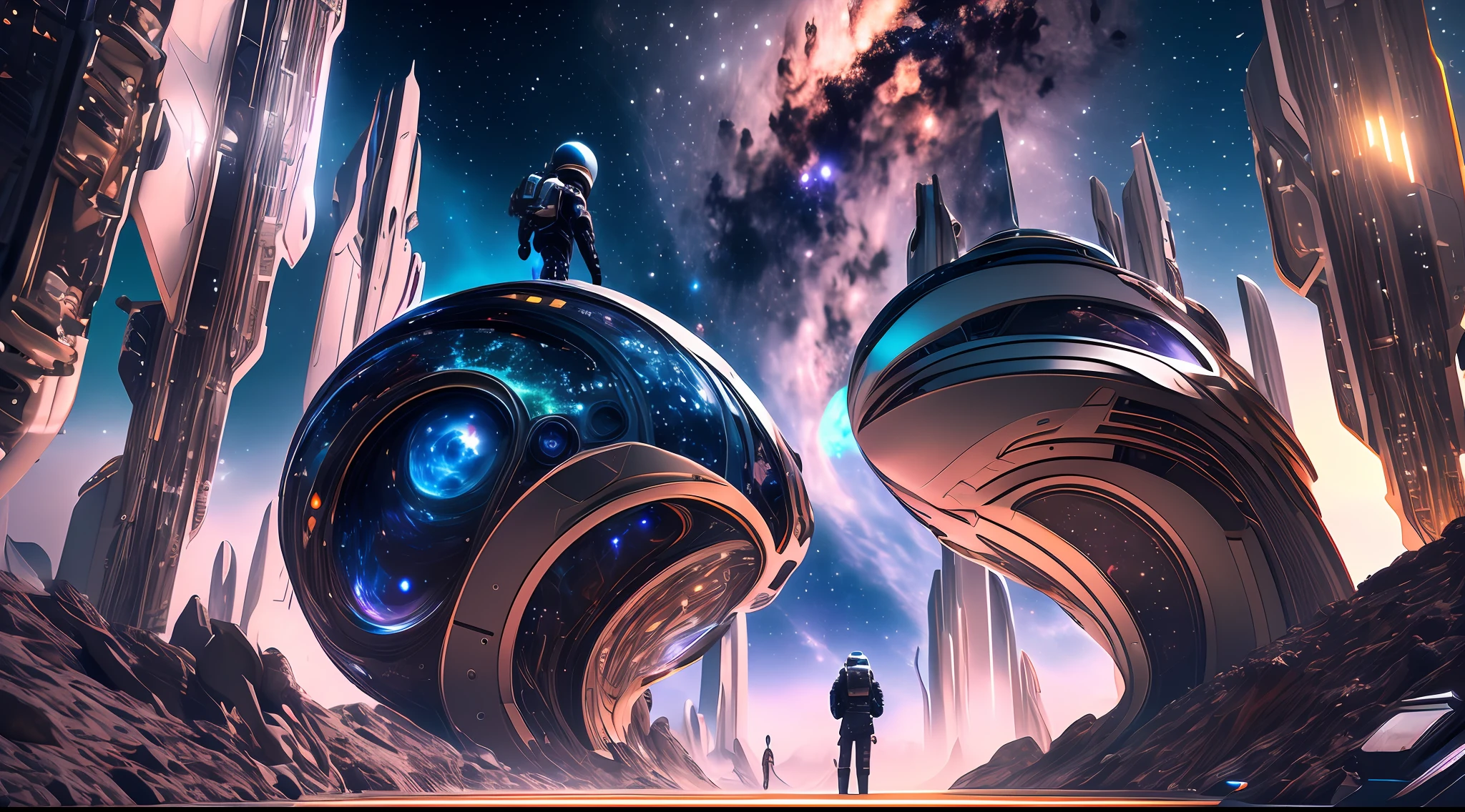 Amazing cosmic starry sky, ultra-modern futuristic theme, futuristic tech style, surrealism. Spaceships, galaxies, planets, space, futuristic stories, huge worldviews, big scenes, full of ignorance of future exploration, astronauts, space creatures, highly detailed, dynamic, expressive, clean lines, stunning movies, realistic lights and shadows, vivid 8k, Ctane rendering, Unreal engine, very detailed concept art, realistic, engine --auto --s2