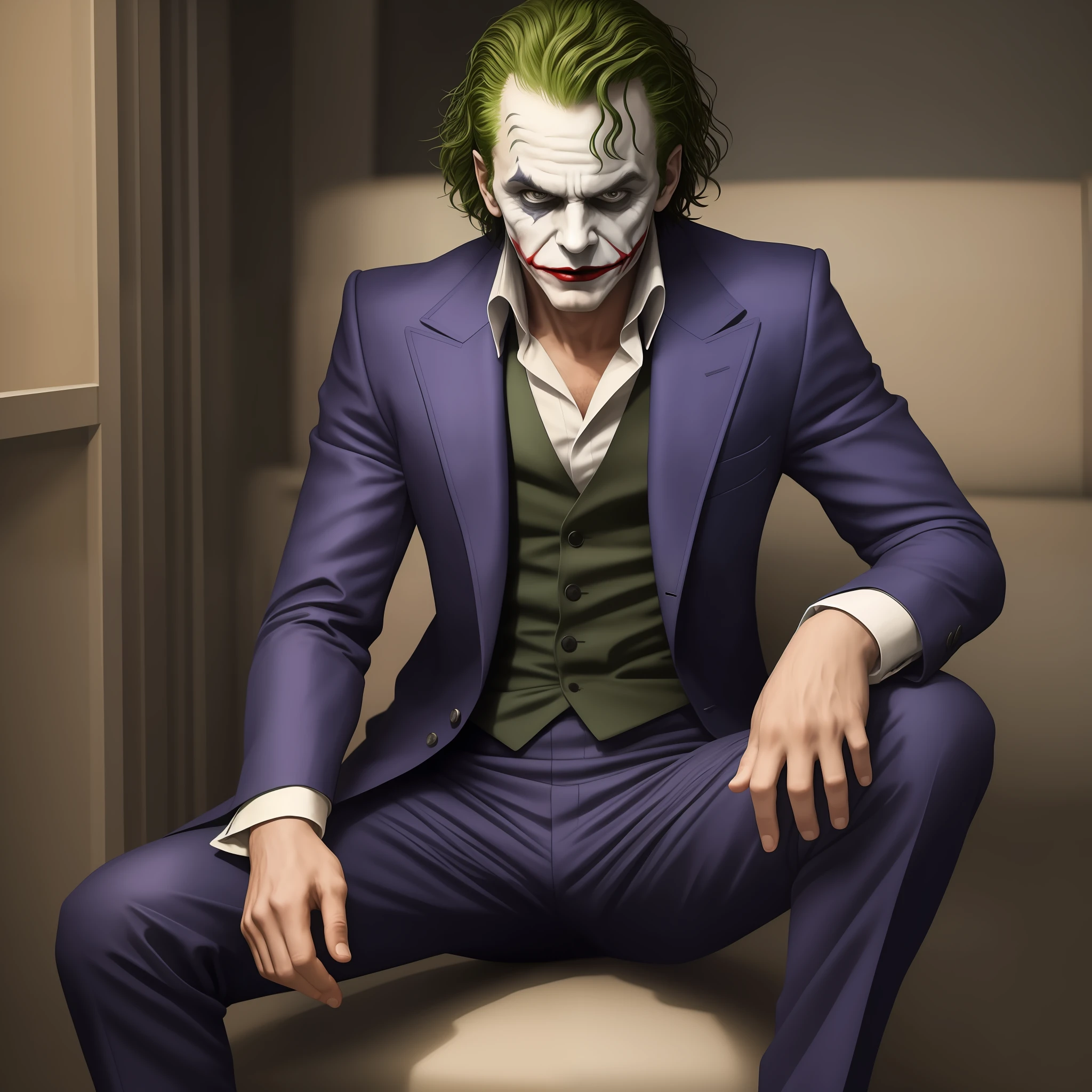 Masterpiece, best quality, realistic and perfect picture, movie photography of the joker wearing black suit. Full body
