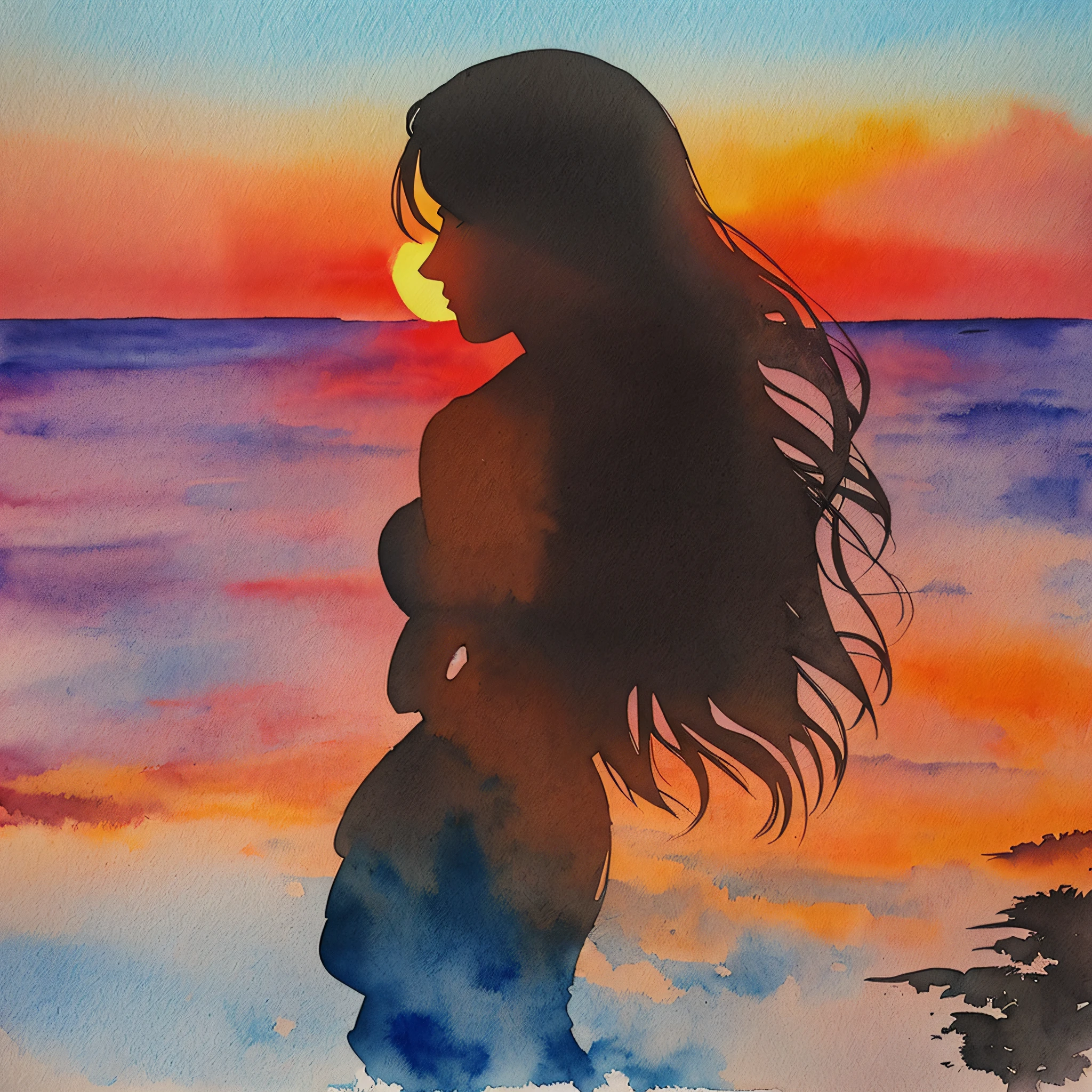 Silhouette of a Latin American woman, she stands aside, in the background the sunset, beautiful nature, watercolor style painting --auto --s2