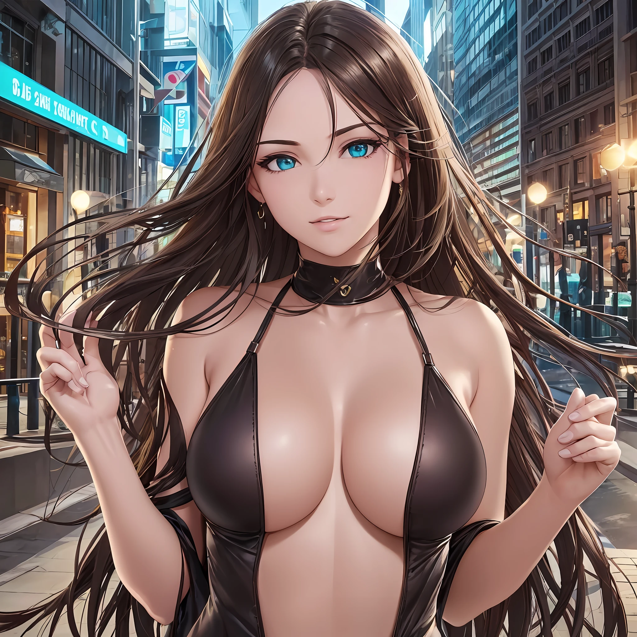 ((Realistic lighting, Best quality, 8K, Masterpiece: 1.3)), Clear focus: 1.2, 1girl, Perfect Body Beauty: 1.4, Slim Abs: 1.1, ((Dark Brown Hair, Big Breasts: 1.3)), (Aqua Dress: 1.4), (Outdoor, Night: 1.1), City Street, Super Fine Face, Fine Eyes, Double Eyelids --auto --s2