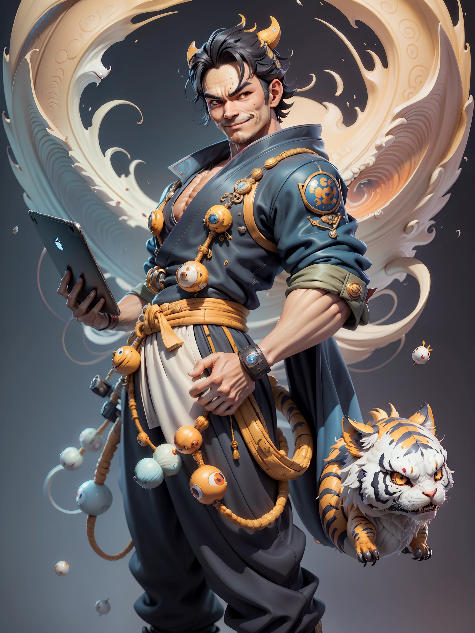 (Masterpiece), (Excellent), (Super Meticulous), (Full Body: 1.2), Super Young Man with Japanese Female Geisha, Beauty, Chinese Dragon, Tiger, Wind God Thor, Sexy, Bursting, Oriental Face, TV Anchor, Bust Portrait Illustration, Black Suit, Blue Tie, Slightly Chubby, Very Clean Face, No Beard, Black Super Short Hair, Black Eyes, Confident Smile, 3c Computer Sub-Products, iPad, iPhone, Digital Painting, 3D Character Design by Mark Claireden and Pixar and Hayao Miyazaki and Akira Toriyama, The illustration is a high-definition illustration in 4K resolution with very detailed facial features and cartoon-style visuals.