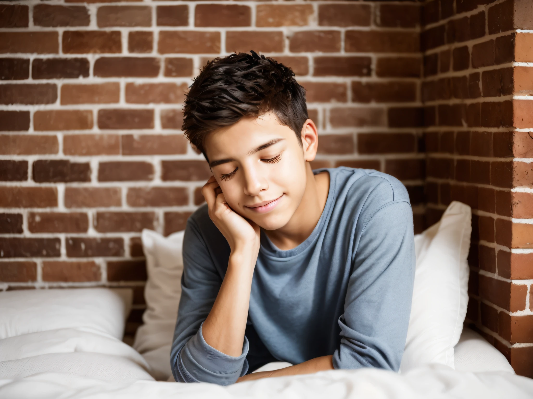 Portrait of a young man of handsome, beautiful face perfect petit te he ispy, very beautiful,black Brazilian, black hair, praying eyes closed, in bed, (when humble, walls appearing the bricks, simple and old house, old pillows, very blurred background, clear: 1.2)