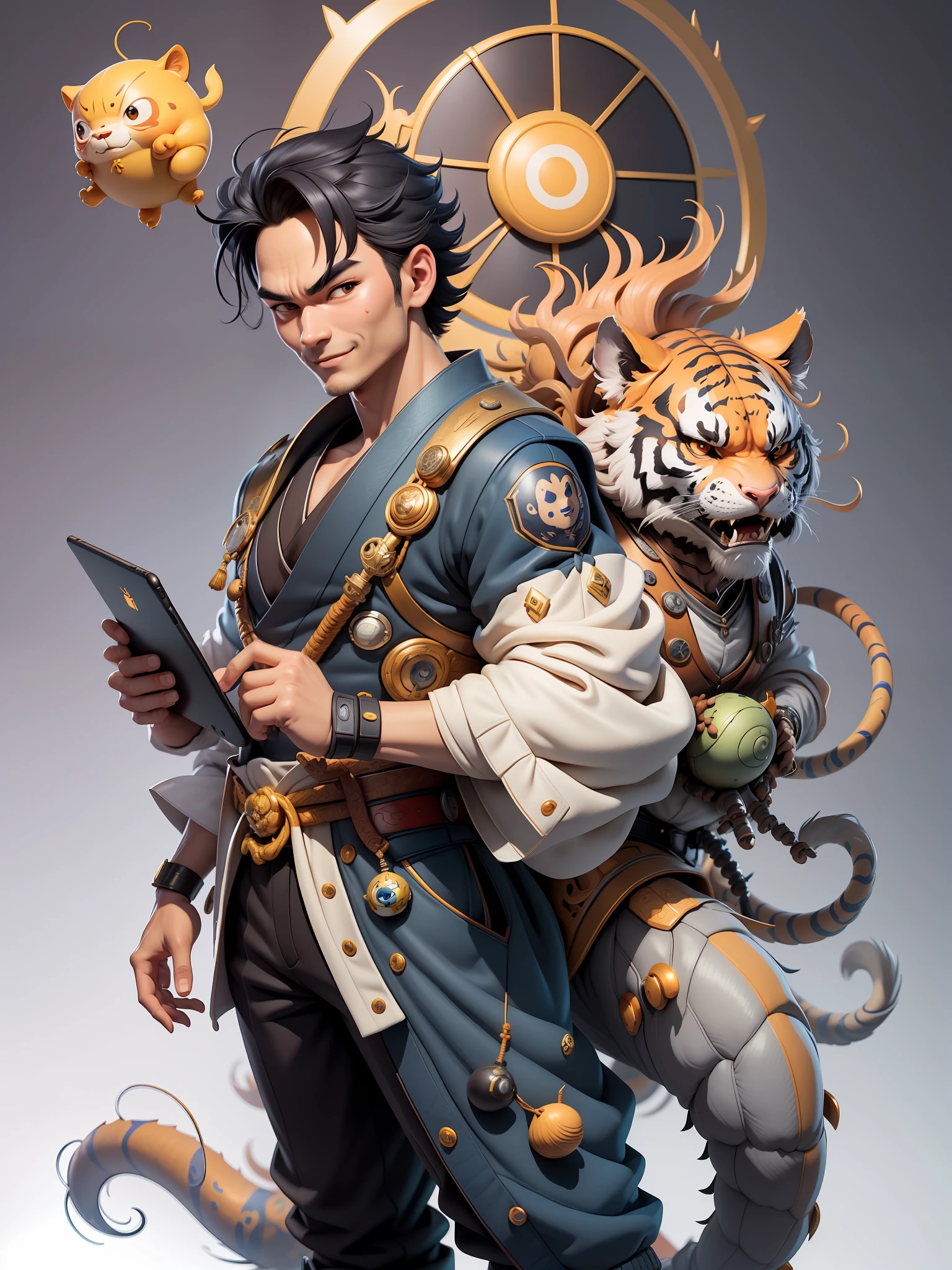 (Masterpiece), (Excellent), (Super Meticulous), (Full Body: 1.2), Super Young Man with Japanese Female Geisha, Beauty, Chinese Dragon, Tiger, Wind God Thor, Sexy, Bursting, Oriental Face, TV Anchor, Bust Portrait Illustration, Black Suit, Blue Tie, Slightly Chubby, Very Clean Face, No Beard, Black Super Short Hair, Black Eyes, Confident Smile, 3c Computer Sub-Products, iPad, iPhone, Digital Painting, 3D Character Design by Mark Claireden and Pixar and Hayao Miyazaki and Akira Toriyama, The illustration is a high-definition illustration in 4K resolution with very detailed facial features and cartoon-style visuals.