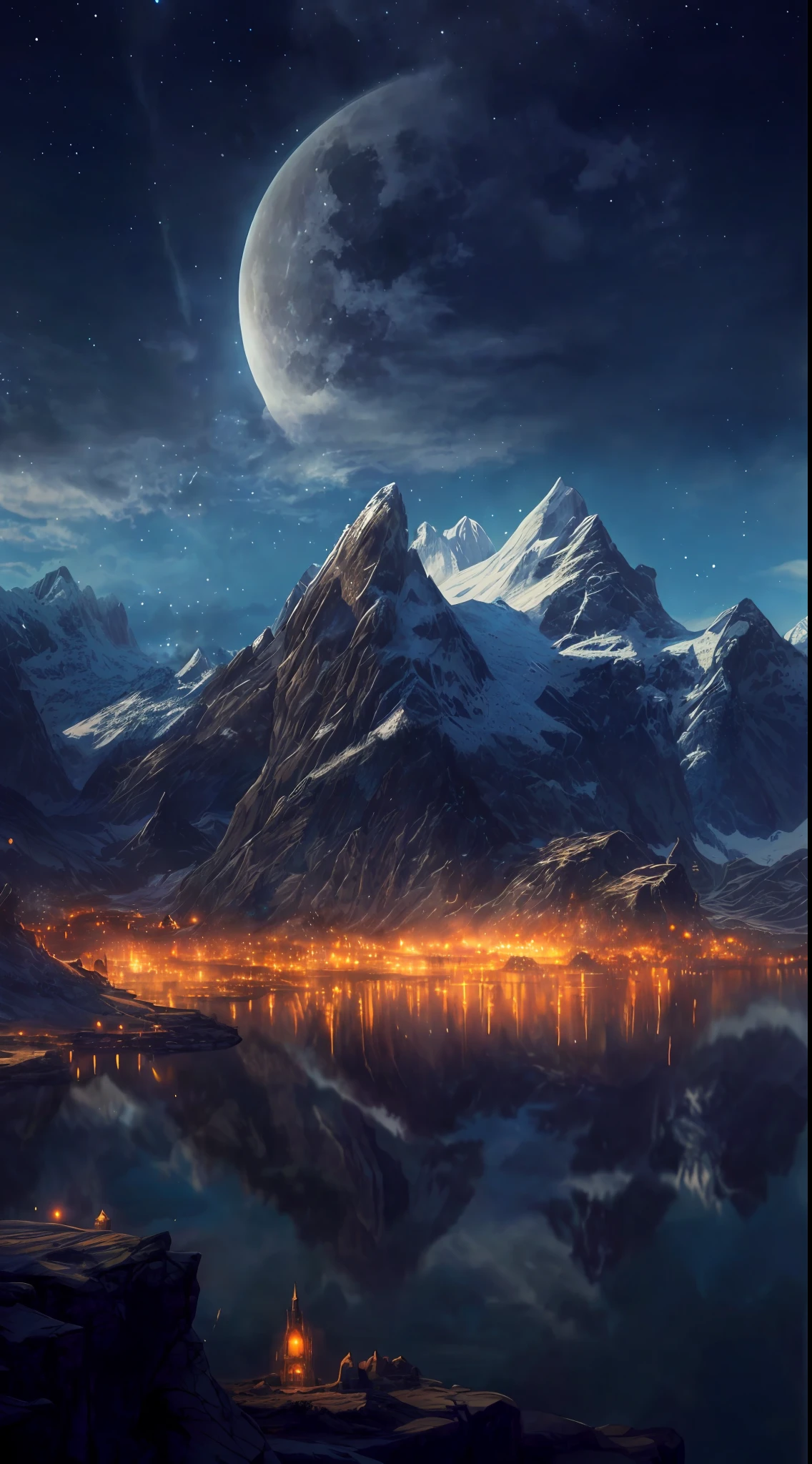 mountains and a lake with a moon in the sky, 4k highly detailed digital art, 4 k hd wallpaper very detailed, impressive fantasy landscape, sci-fi fantasy desktop wallpaper, unreal engine 4k wallpaper, 4k detailed digital art, sci-fi fantasy wallpaper, epic dreamlike fantasy landscape, 4k hd matte digital painting, 8k hd wallpaper digital art