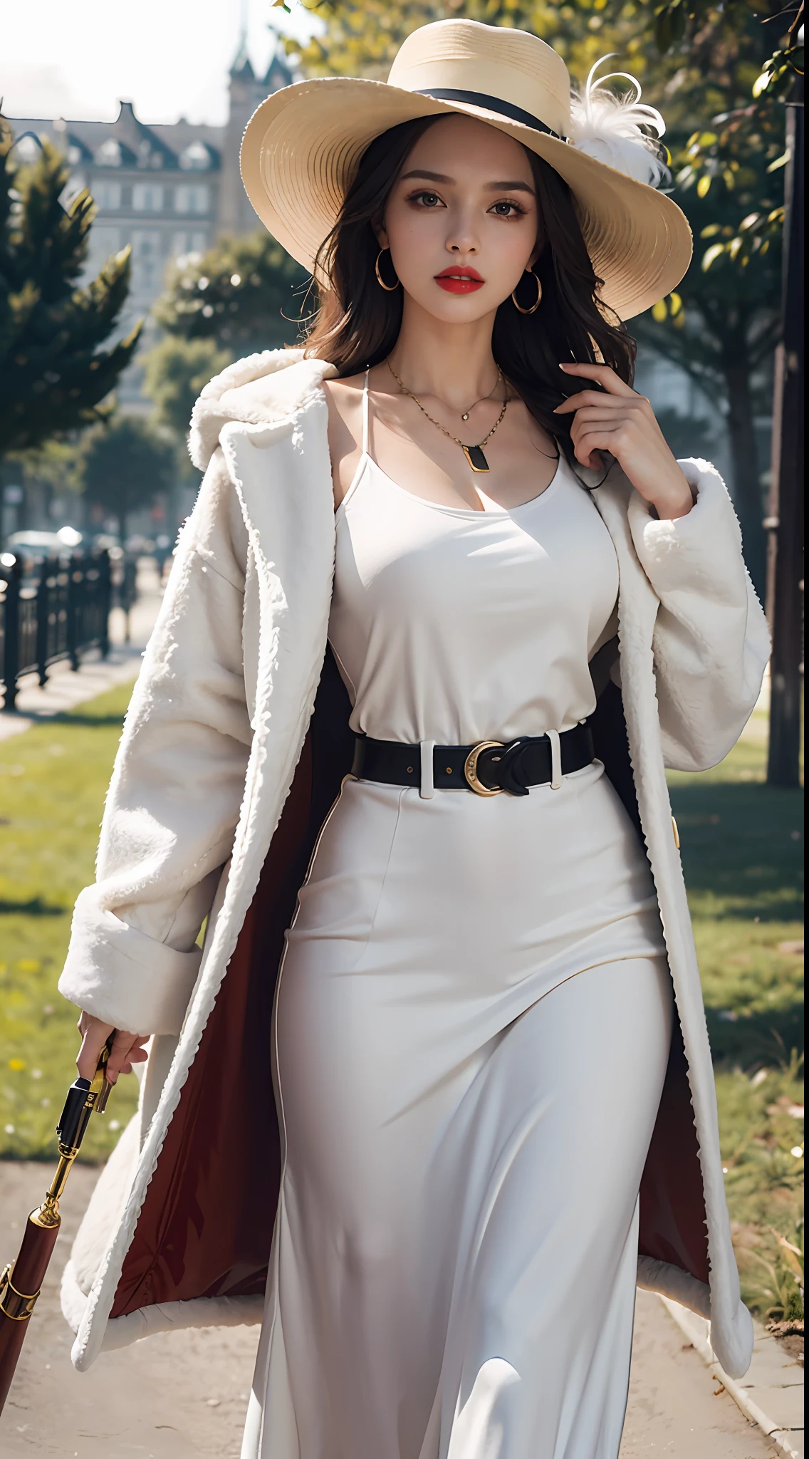 Best Quality, Masterpiece, Ultra High Resolution, (Realisticity: 1.4), Original Photo, 35 Years Old Women, White, Film Lighting, Fashion Model, Big Gun, Fox Coat, Lady, Feather Wide-brimmed Hat, Red Lips, Eye Shadow, Wide Ladies Belt, Necklace, Earrings,
