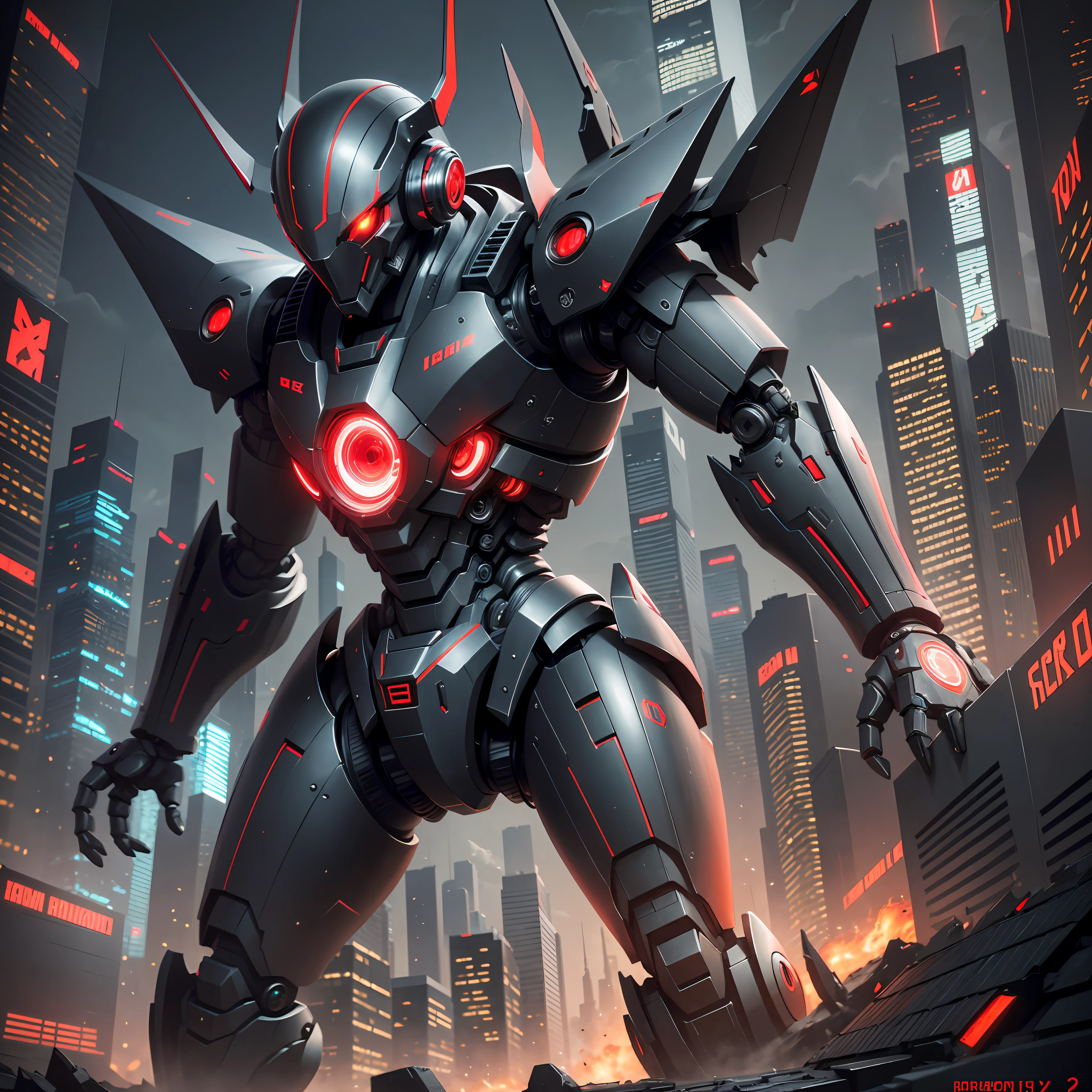 Robot, Red Eyes, Black Theme, City, Glowing Eyes, Solo, Lord, Night, Best Quality, Highly Detailed, Ultra Detailed, Masterpiece, 8k Wallpaper, Bad Anatomy, High Resolution, Super Fine Illustration, Game CG, (Black Light: 1), Command Spells, Mechanical Parts, Robot Joints, Headgear, Fully Armed, Mecha, Mask --auto --s2