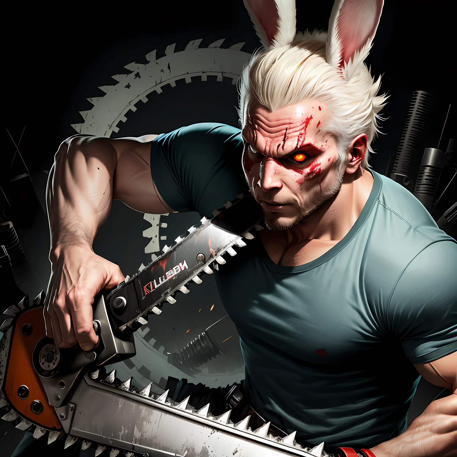 Killer rabbit man with a chainsaw eating brains
