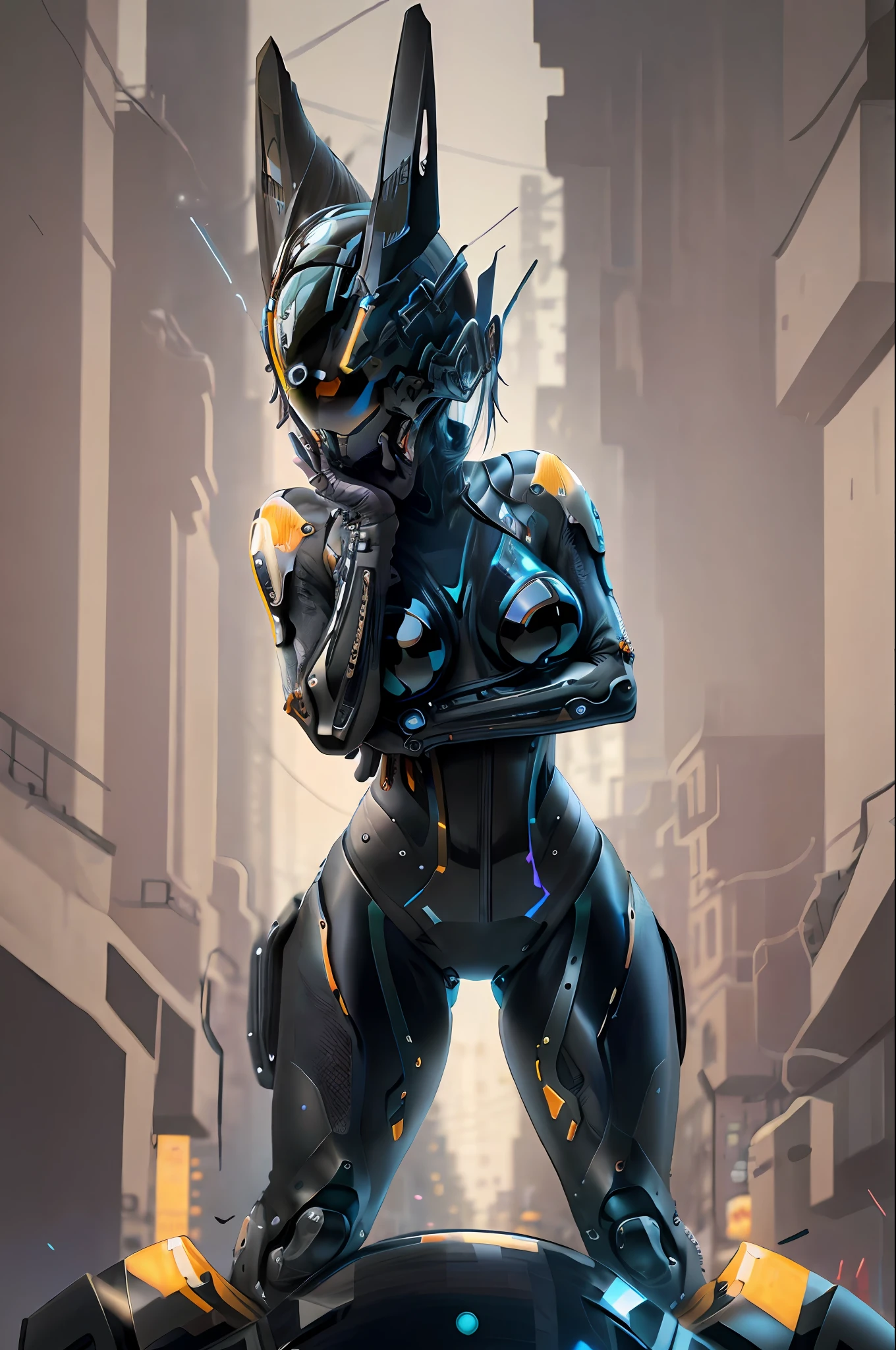 solo, cyborg, 1girl,1female on fantastic motorcycle, ( in a cyberhelmet of future) with (animal ears), in black tight intricate leather bikesuit, bodysuit, skin tight, biker clothes, (huge breasts, slim waist, wide hips), slim body, detailed cybernetic motorcycle gloves, unzipping clothes, realistic photo, masterpiece, best quality, high resolution, ultra detailed, official arts, unity 8K wallpaper, official wallpaper, innerboobs, fantastic, cybernetic, reflections on dark glass and plastic, fiber optic wires and electrical cables, close up, buttom up top down, (bent over), hyper detailed, neon lights, neon colors, cyberpunk, reflections, shining, sparks, detailed arms, detailed fingers, detailed legs, small detailed, dark background, (leaning front and down), leaning back on the motorcycle of the future, sexy view, shy and seductive pose, perfect anatomy,