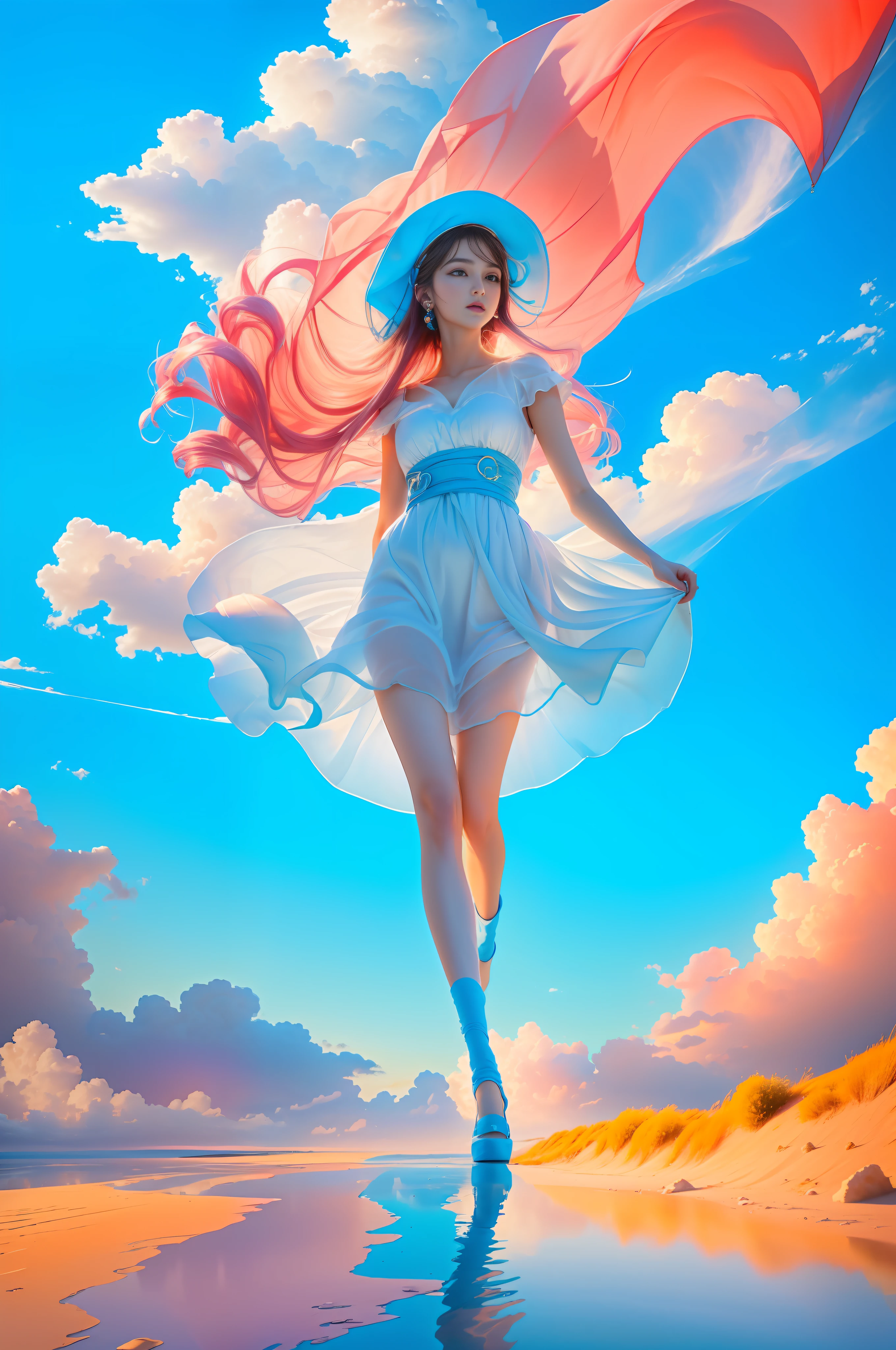 (8k, RAW photo, photorealistic:1.25, Masterpiece) ,( lip gloss, eyelashes, glossy side, shiny skin, best quality, ultra-high resolution, depth of field, chromatic aberration, caustic, wide light, natural shadow, headwear, Kpop idol) ,light pink and blue style, 1girl, (blue sky: 1.5), tall and thin beauty goddess, flowing dress, conservative girl, cloud goddess, flowing white fabric, Wearing a flowing dress, realistic, (background with blue sky and white clouds: 1.4), (wind: 1.5), (full body: 1.5), add_detail,