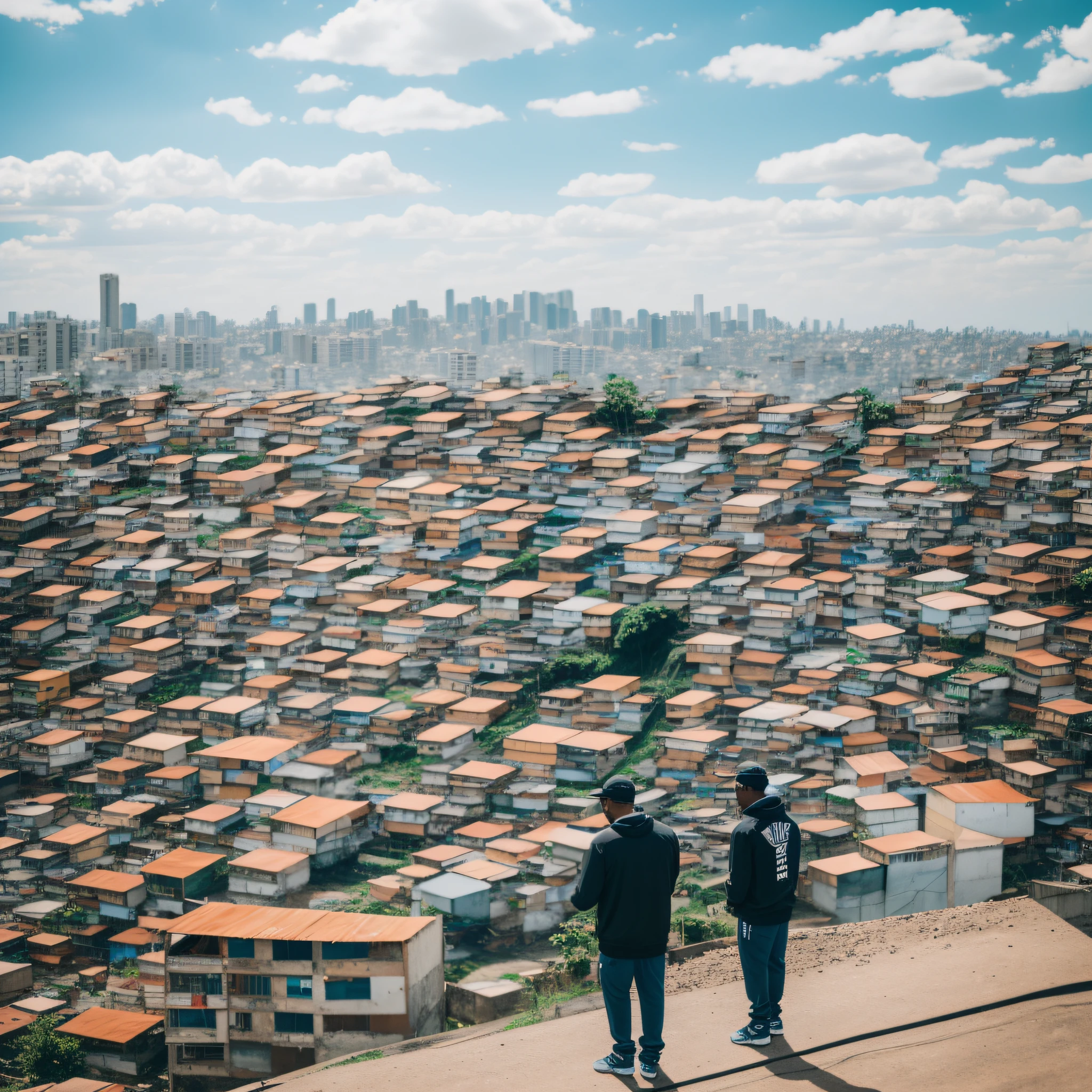 arafed man standing on a hill overlooking a city, with a city in the background, location ( favela ), location ( favela _ wall ), city in the background, favelas, walking on top of a tiny city, city in background, favela, town in the background, urban in background, outlive streetwear collection, standing on rooftop, city backdrop