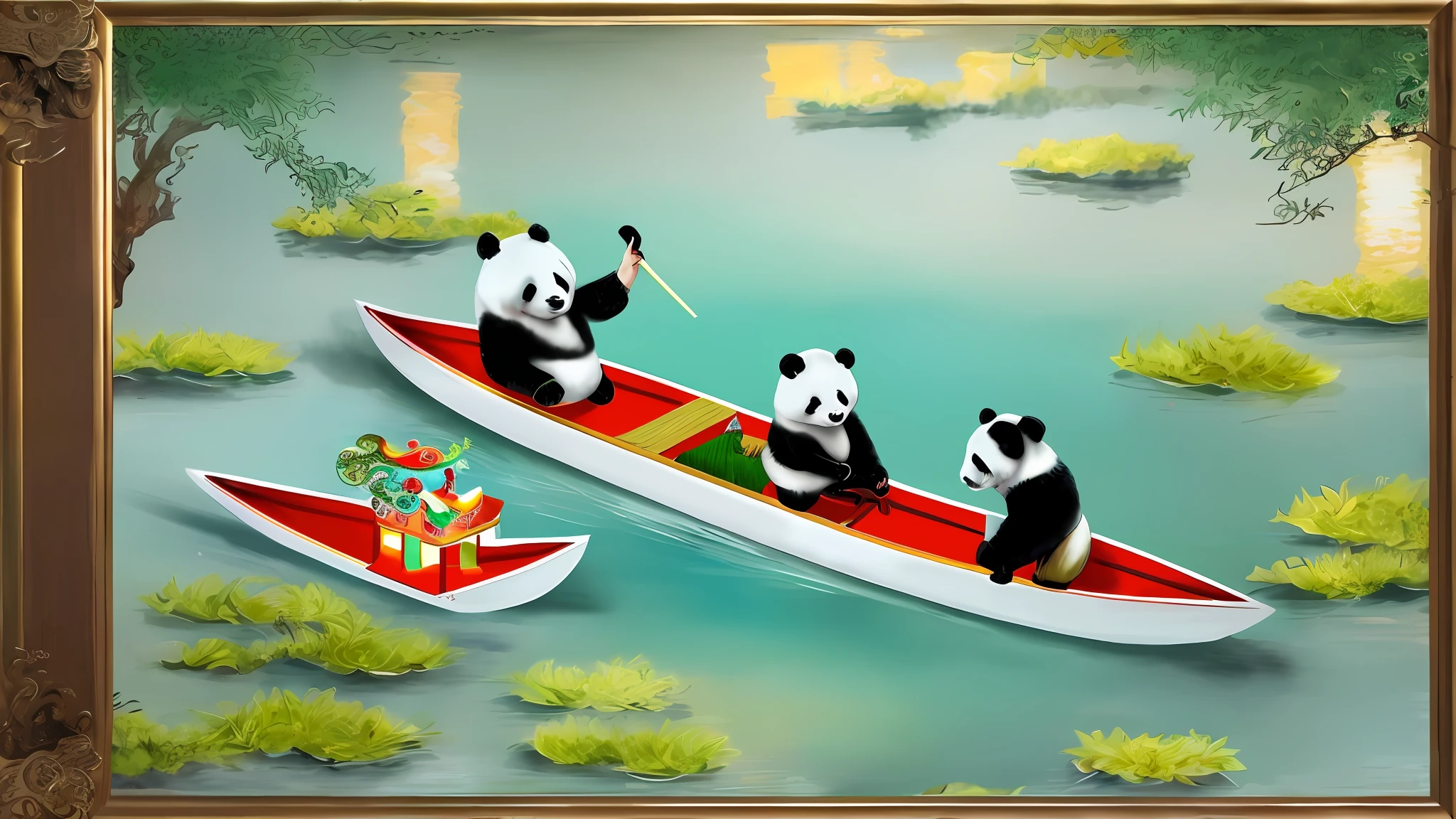 (Best Quality), a painting full of Chinese culture, showing a cute panda, (Dragon Boat: 1.3) shows the charm of Chinese culture in the traditional festival of the Dragon Boat Festival, splashing water on the water surface is clearly visible, and the environmental atmosphere complements the festive atmosphere.