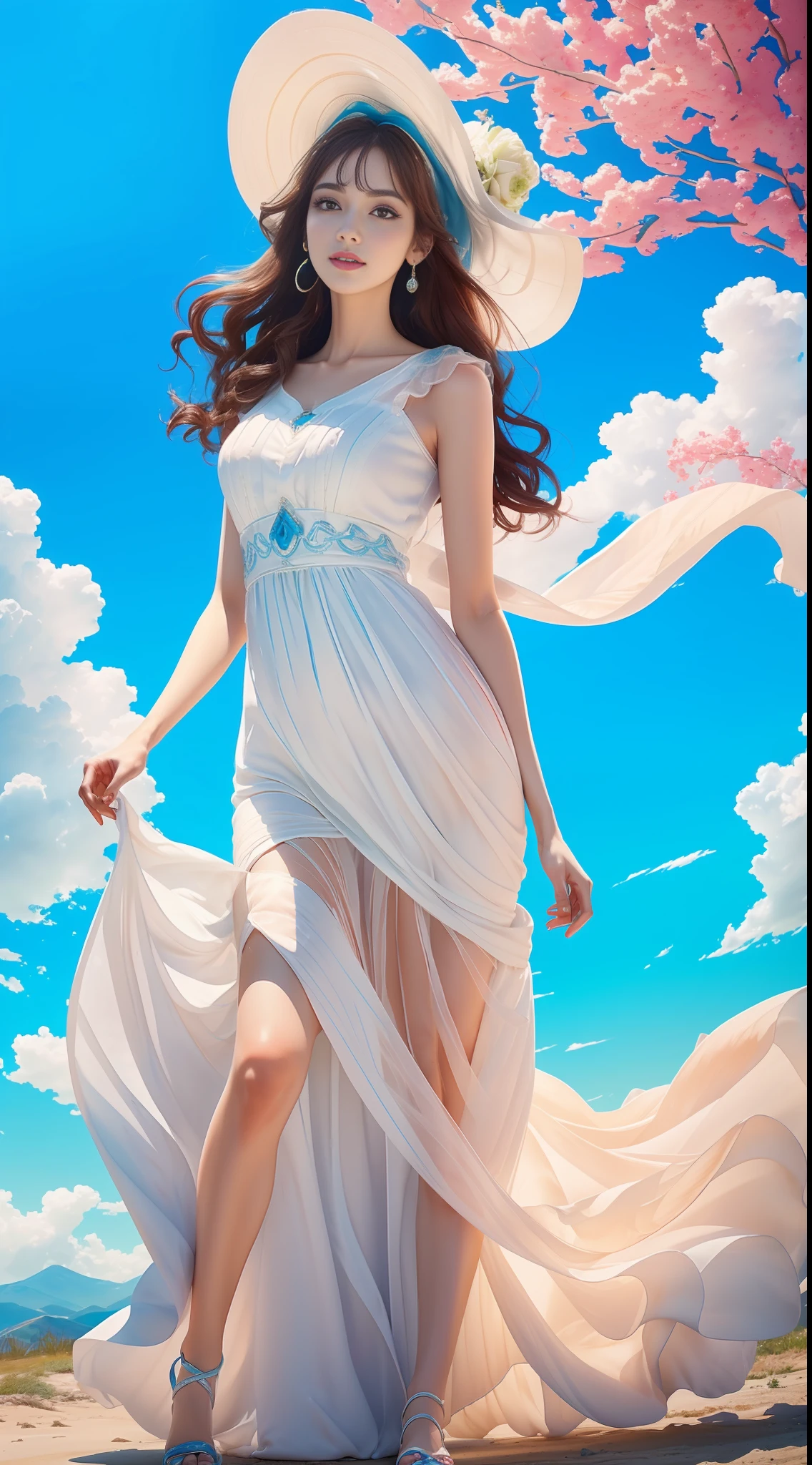 (8k, RAW photo, photorealistic:1.25, Masterpiece) ,( lip gloss, eyelashes, glossy side, shiny skin, best quality, ultra-high resolution, depth of field, chromatic aberration, caustic, wide light, natural shadow, headwear, Kpop idol) ,light pink and blue style, 1girl, (blue sky: 1.5), tall and thin beauty goddess, flowing dress, conservative girl, cloud goddess, flowing white fabric, Wearing a flowing dress, realistic, (background with blue sky and white clouds: 1.4), (wind: 1.5), (full body: 1.5), add_detail,