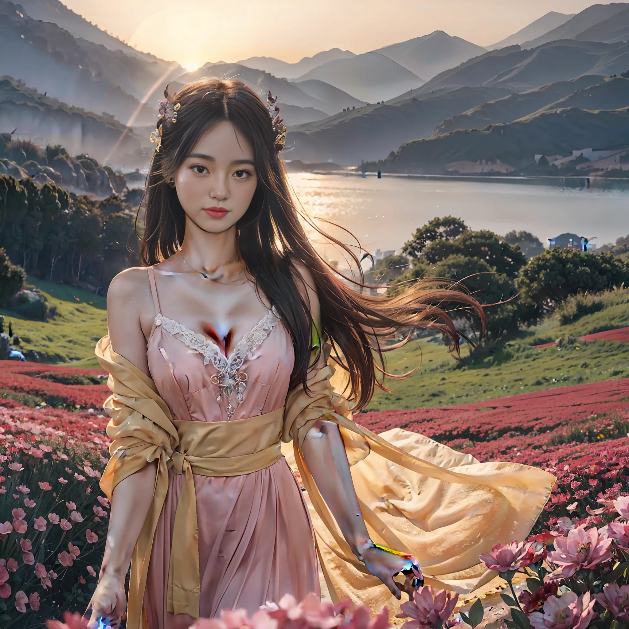 Vast landscape photo, a girl standing on a flower field looking up, delicate background, distant mountains, trees BREAK making art, (warm light source: 1.2), intricate details, volumetric lighting BREAK (Masterpiece: 1.2), (Best Quality), 4K, Ultra Detailed, (Dynamic Composition: 1.4), Rich Detail, Big Breasts, (Glow, Atmospheric Illumination), (Solo: 1.2), Blush, Extra Detail, Delicate Hair, Messy Hair, Smile, Sunset, Hanfu, Perfect Hand, Right Hand