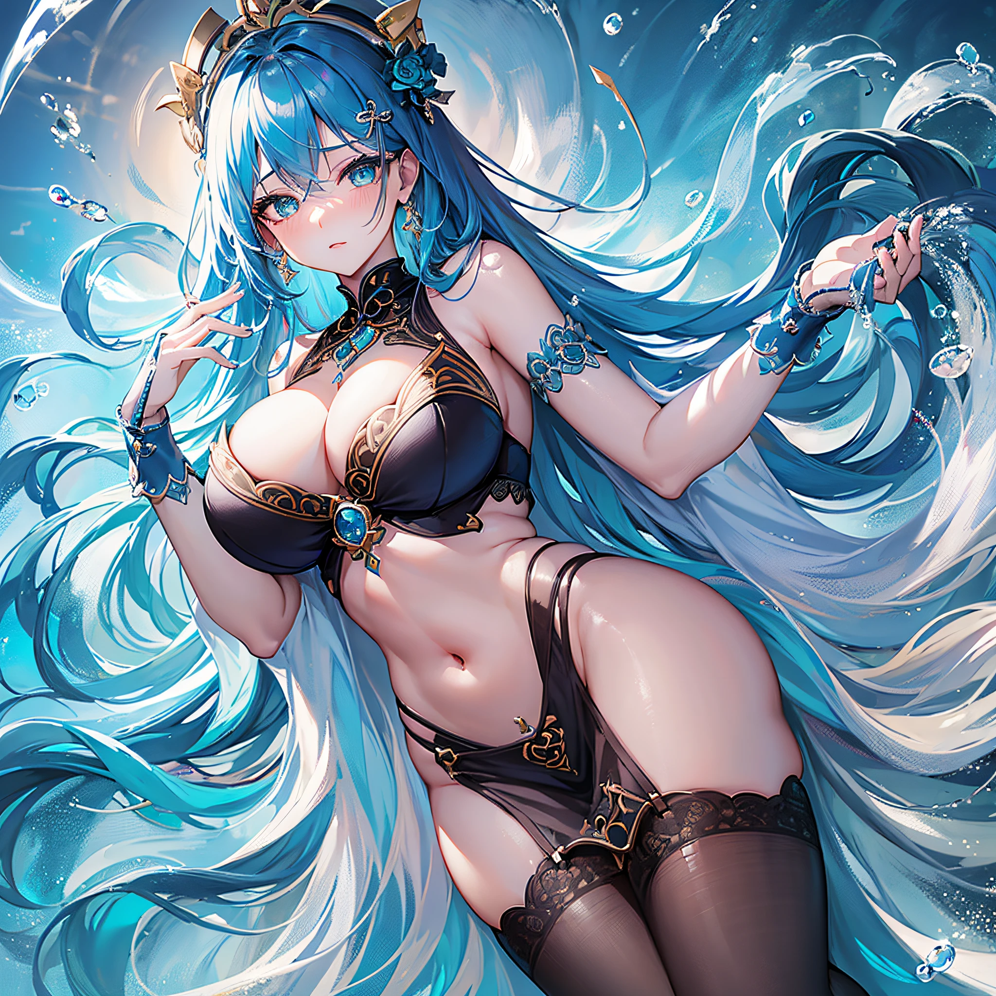 Ocean Goddess, perfect slim body, mature royal sister, blue hair, royal sister face, A black face, cheongsam, sexy and alluring, beautiful face, full body portrait, 4K picture quality, big body, feminine expression, blush shy, large bust, ocean temple, turquoise water, ((sapphire beautiful eyes)), gentle, sexy