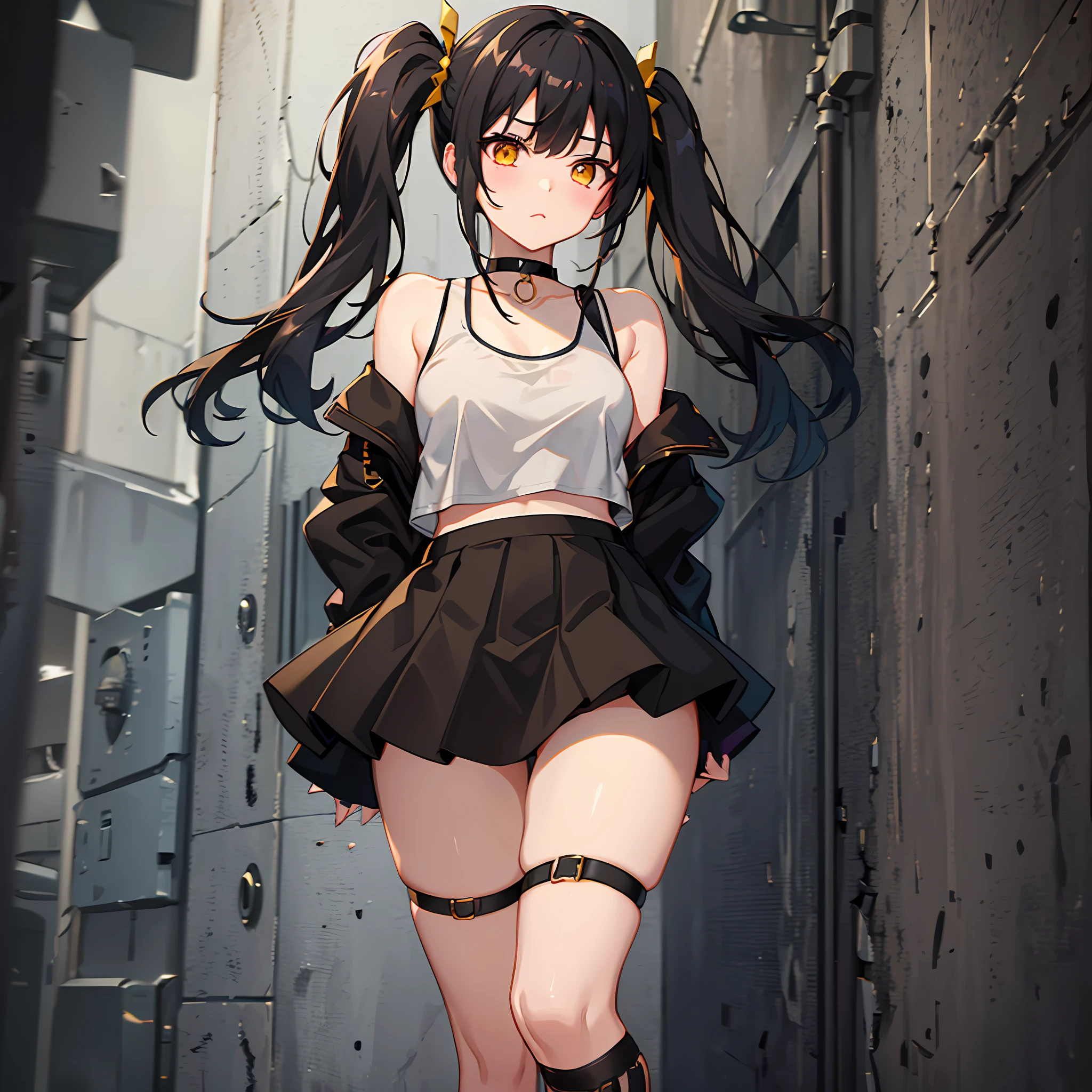 1girl, high quality, brown tank top, black skirt, thighs highs, black hair, yellow eyes, choker, twintails