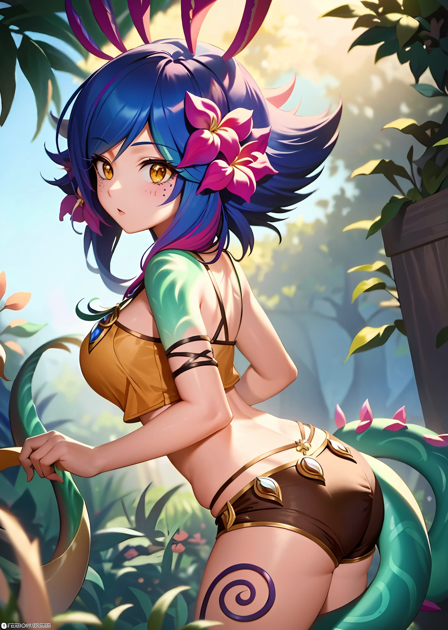 masterpiece, best quality, neeko, hair ornaments, hair flower, brown shorts, crop top, lizard tail, facial marks,nsfw,(woman having with monsters),((monsters rape the woman)),((group,