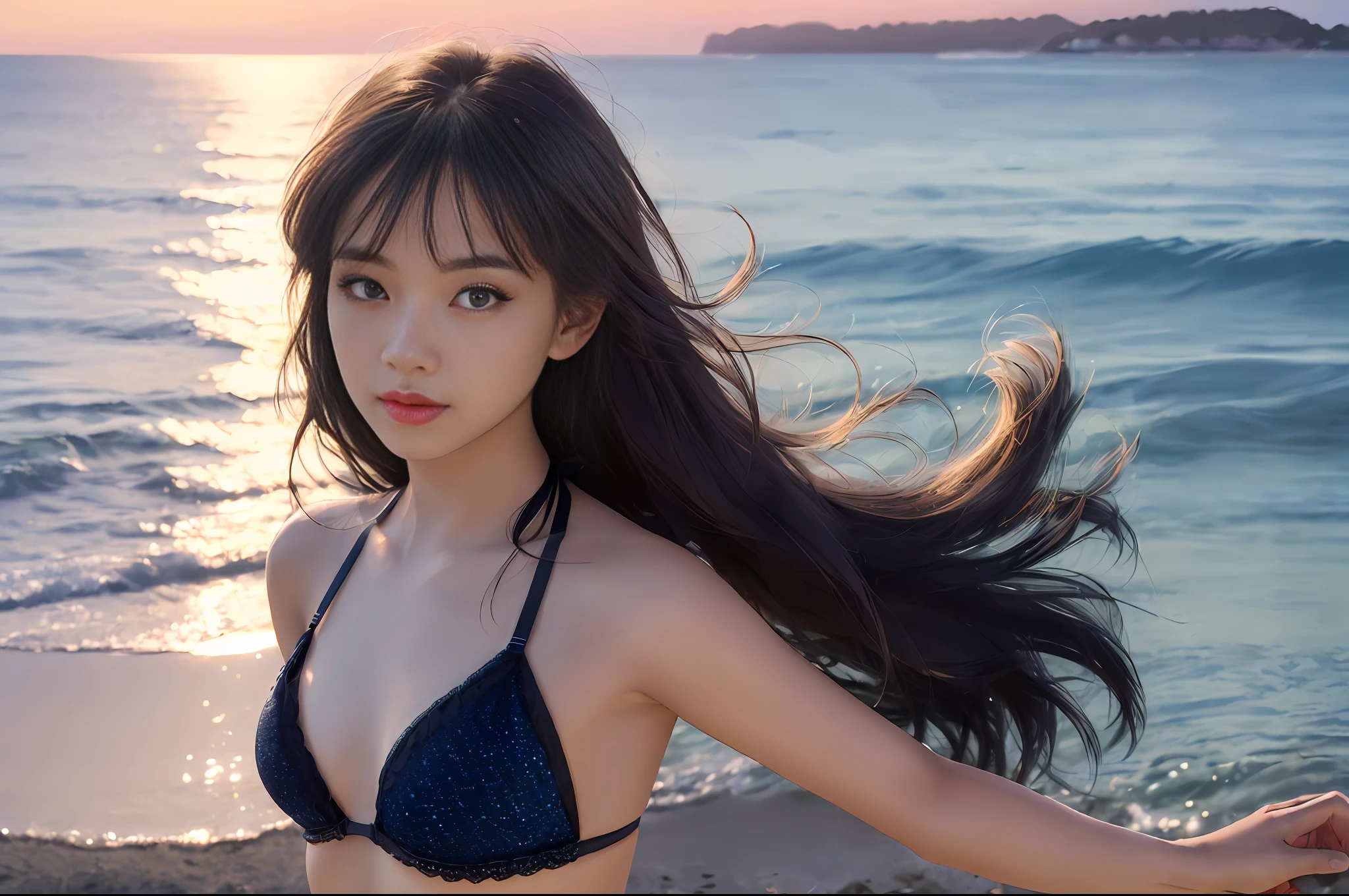 (1 Girl:1.3), Solo, (((Highly Detailed Face)))), (((Highly Detailed Eyes and Face)))), Beautiful Detail Eyes, Body parts__, Official Art, Unified 8k Wallpaper, Ultra Detailed, Round Face, Beautiful, Masterpiece, Masterpiece, Best Quality, Original, Masterpiece, Ultra Micro Photography, Best Quality, Ultra High Definition, Realistic Realism, Bangs Long Hide Forehead, Sunlight, Full Body Portrait, Amazing Beauty,Dynamic pose with bra removed, small hips delicate face, black vivid eyes, (from the front), small plain string bikini, dark navy blue bikini without pattern, detailed face, beach sunset background, night scene, highly detailed skin, realistic skin details, visible pores, clear focus, UHD, digital one