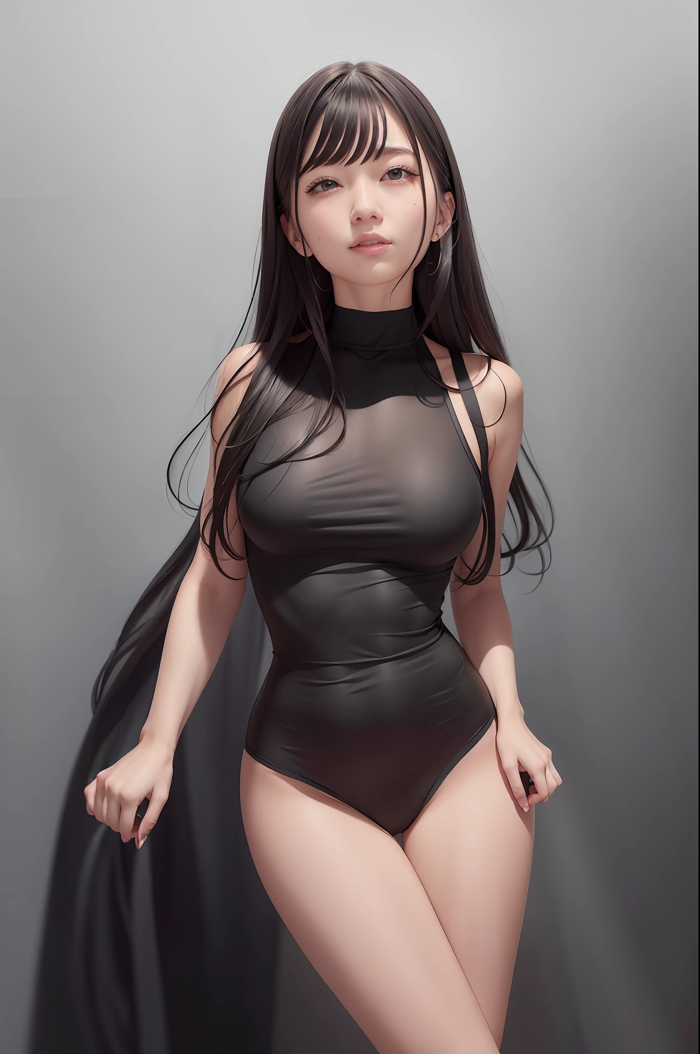 there is a woman in a black bodysuit posing for a picture, wearing a black bodysuit, skintight black clothes, skintight black bodysuit, wearing black tight clothing, wearing leotard, thin bodysuit, 奈良美智, wearing tight simple clothes, jen zee, full body xianxia
