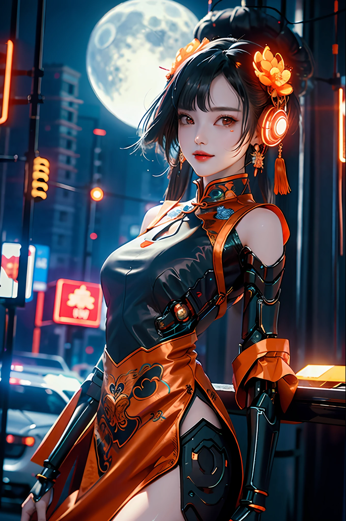 1 girl, Chinese_clothes, white and orange, cyberhan, cheongsam, cyberpunk city, dynamic pose, glowing headphones, glowing hair accessories, long hair, glowing earrings, glowing necklace, cyberpunk, high-tech city, full of mechanical and futuristic elements, futuristic, technology, glowing neon, orange, orange light, transparent tulle, transparent streamers, laser, digital background urban sky, big moon, with vehicles, best quality, masterpiece, 8K, character edge light, super high detail, High quality, the most beautiful woman in man, smiling slightly