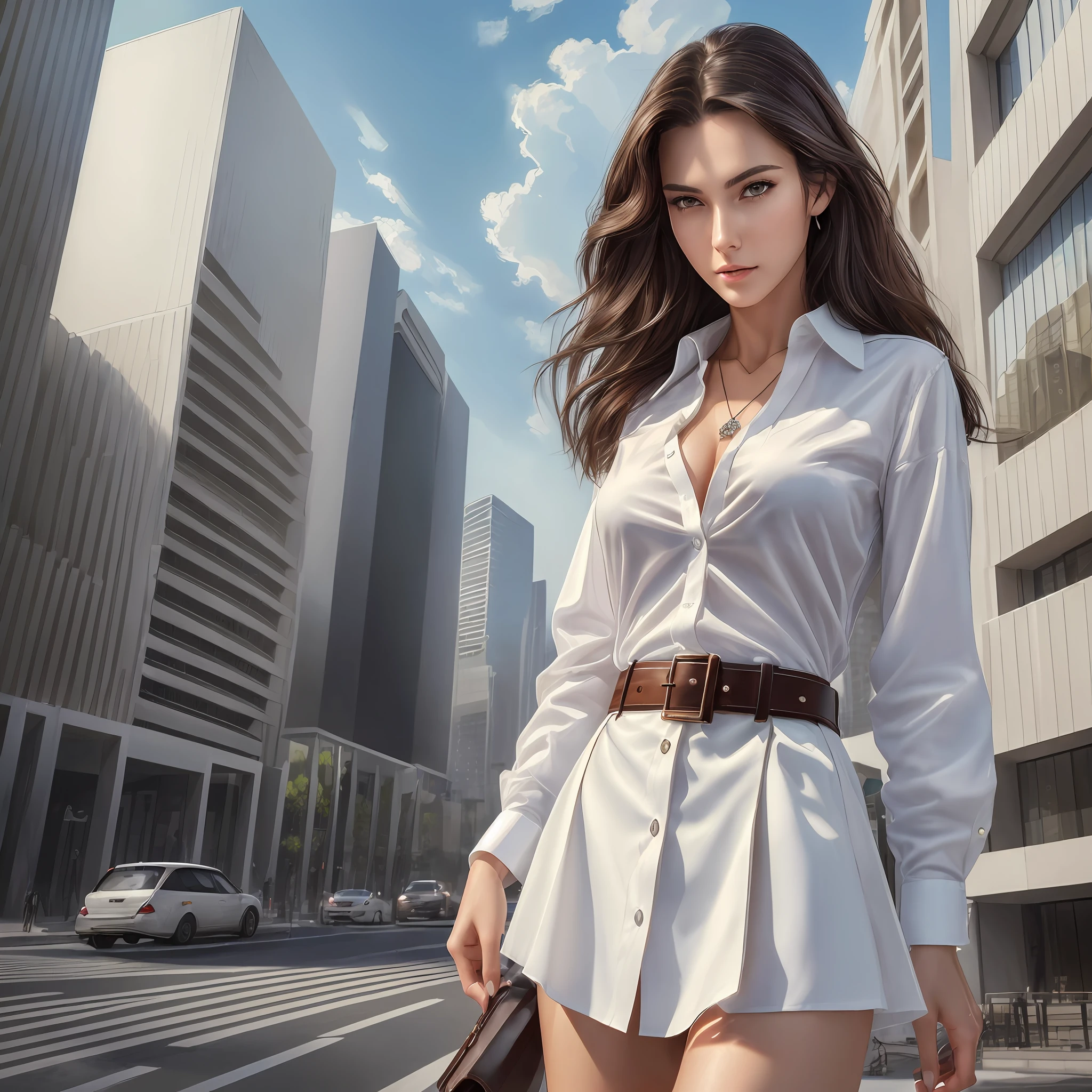 (Best quality, High resolution, Masterpiece :1.3), A tall and pretty woman, Slender abs, Dark brown hair styled in loose waves, Breasts, Wearing pendant, White button up shirt, Belt, Black skirt, (Modern architecture in background), Details exquisitely rendered in the face and skin texture, Detailed eyes, Double eyelid --auto --s2