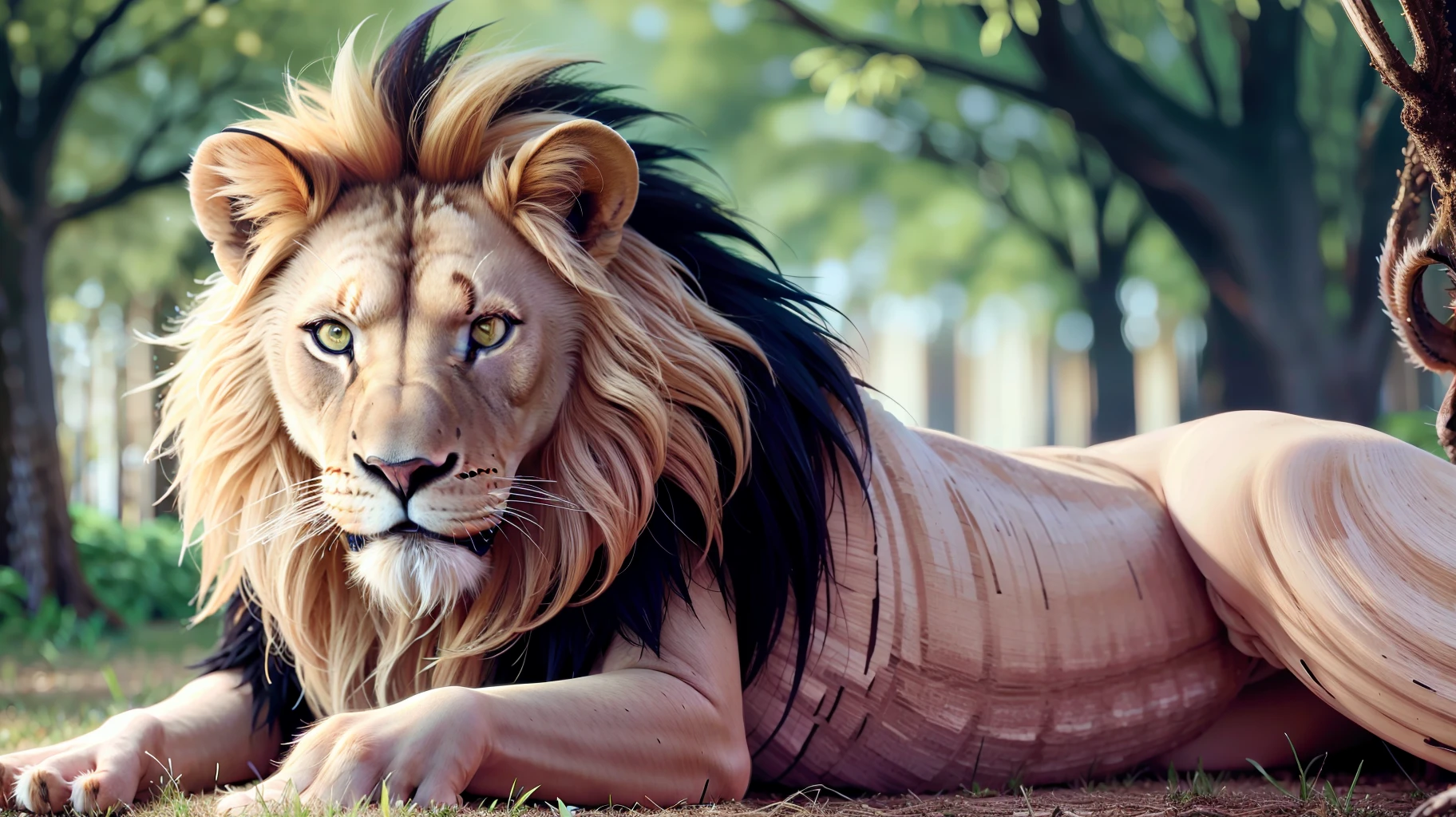 LION lying under a tree in a dense forest with a menacing and angry look