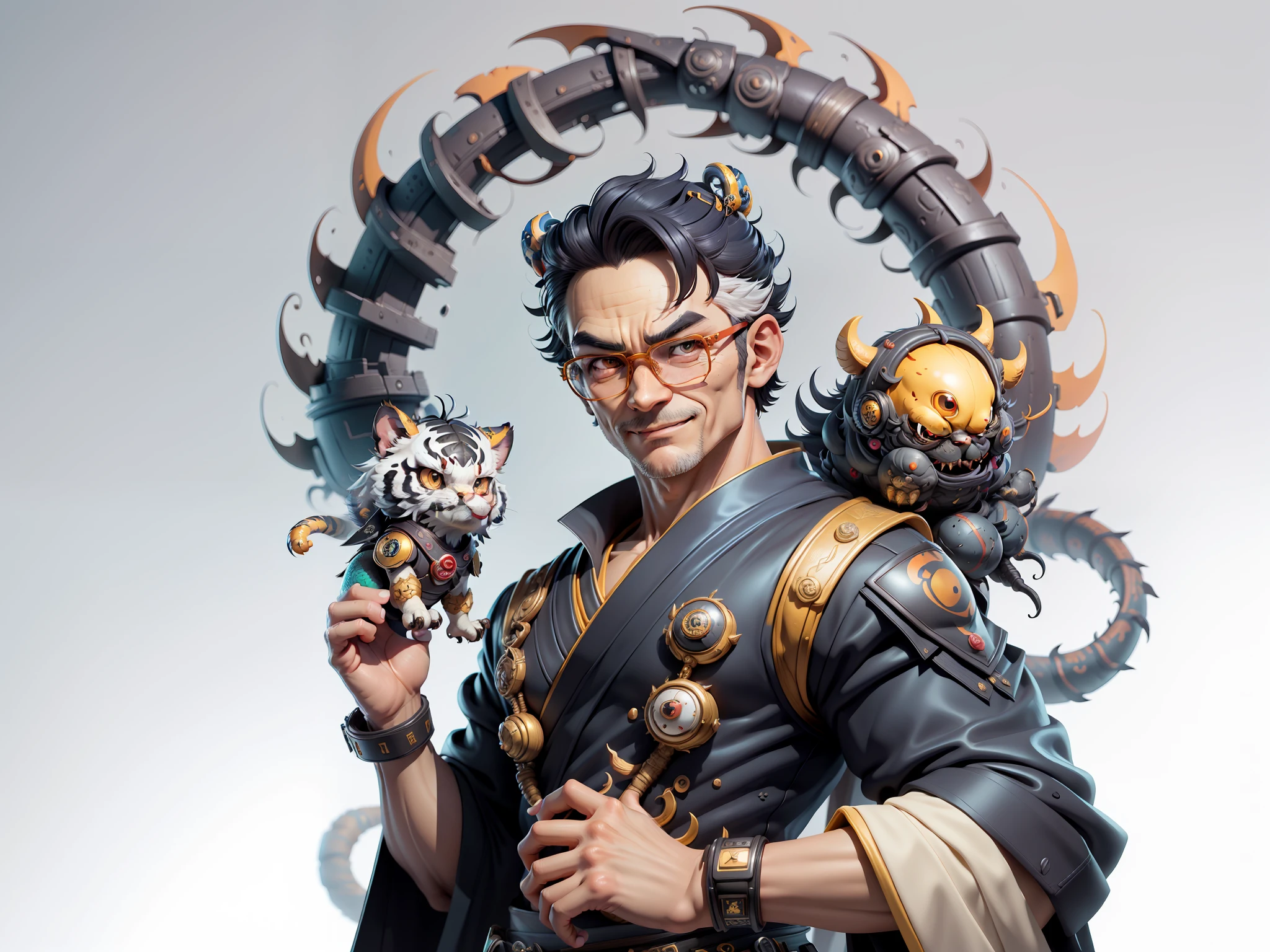 (Masterpiece), (Excellent), (Super Meticulous), (Full Body: 1.2), Super Young Man with Japanese Female Geisha, Pretty, Beautiful, Chinese Dragon, Tiger, Wind God Thor, Sexy, Bursting, Oriental Face, TV Anchor, Bust Portrait Illustration, Black Suit, Blue Tie, Slightly Chubby Face, Silver Glasses, Very Clean Face, No Beard on Chin, Black Super Short Hair, Black Eyes, Confident Smile, 3c Computer Sub-Products, iPad, iPhone, Digital Painting, 3D character design by Mark Clairedon and Pixar and Hayao Miyazaki and Akira Toriyama, the illustrations are HD illustrations in 4K resolution with highly detailed facial features and cartoon-style visuals.