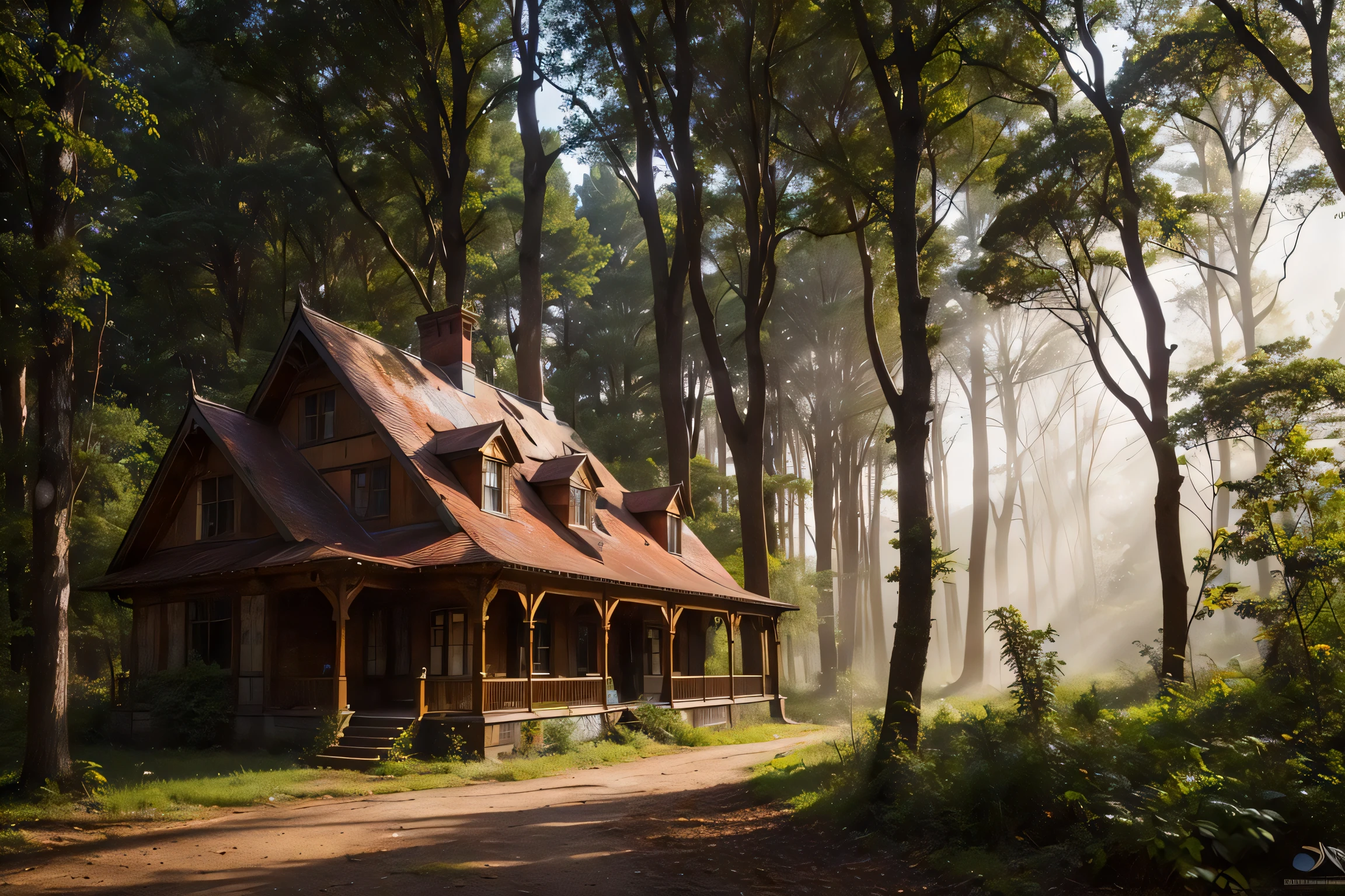 old painting style, abandoned vampire villa in a forest, oversaturated, colorful, highly detailed, high resolution, ray tracing reflections, dramatic lighting, 8k vibrant colors, detailed acrylic, intricate complexity, soft natural volumetric cinematic perfect light by Alphonse Mucha