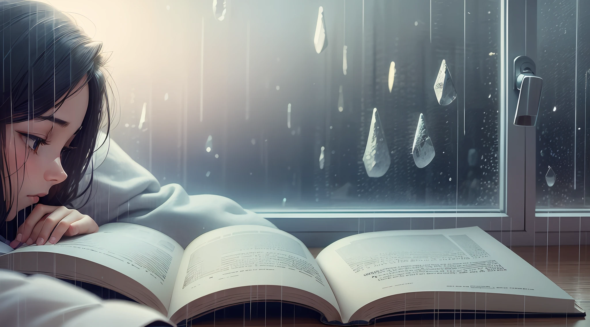 Digital image of a student reading book in the bedroom with a night weather and rain falling through the window --auto --s2