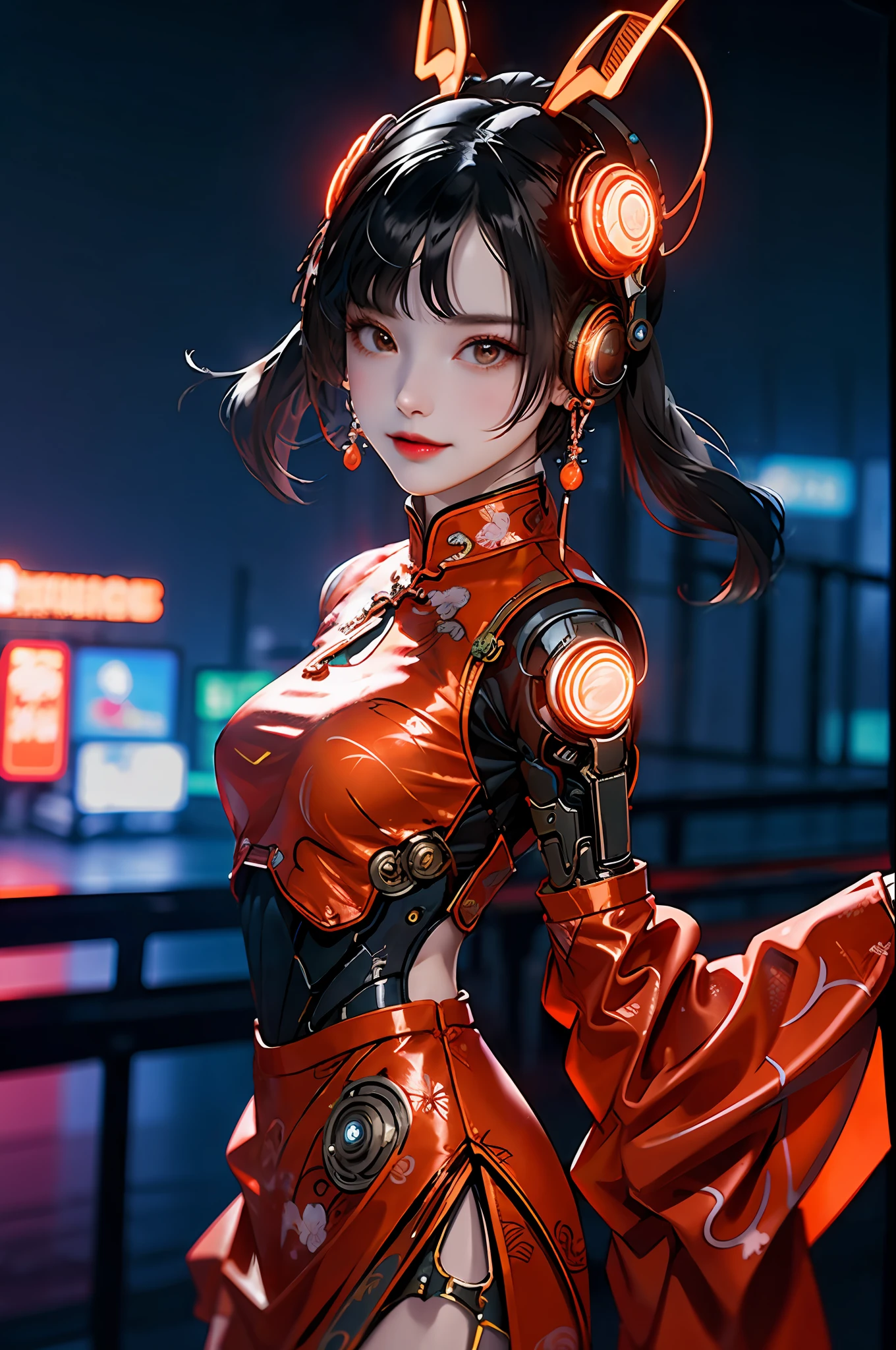 1 girl, Chinese_clothes, white and orange, cyberhan, cheongsam, cyberpunk city, dynamic pose, glowing headphones, glowing hair accessories, long hair, glowing earrings, glowing necklace, cyberpunk, high-tech city, full of mechanical and futuristic elements, futuristic, technology, glowing neon, orange, orange light, transparent tulle, transparent streamers, laser, digital background urban sky, big moon, with vehicles, best quality, masterpiece, 8K, character edge light, super high detail, High quality, the most beautiful woman in man, smiling slightly