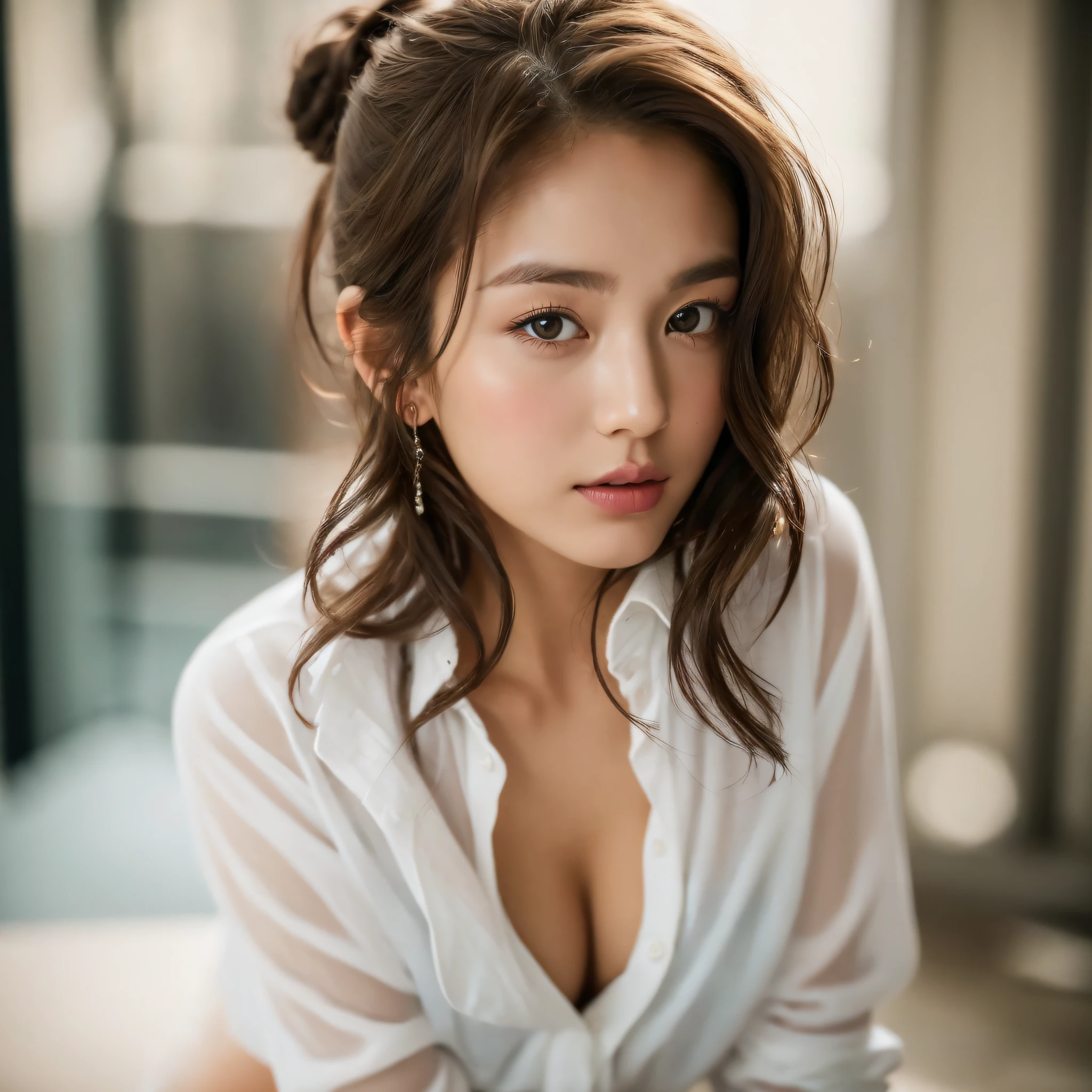 portrait, 20yo brunette german girl, sultry flirty look, wearing a white shirt, messy bun, 8k, best quality, masterpiece, (looking into camera:1.3), photograph, (beautiful)