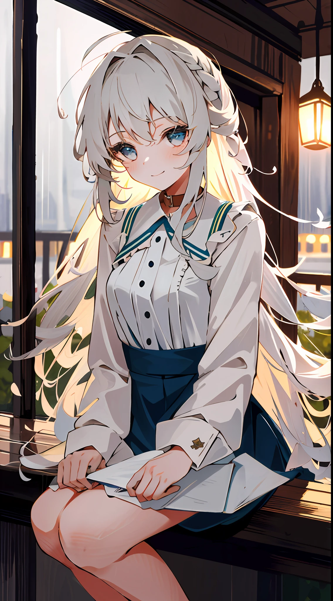 8K, Best Quality, Masterpiece: 1.2) , Super Detail, 1 girl, cute, indie, Beautiful Details sky, Detail café, evening, sit down, dating, (red nose) , sweet smile, (smile: 1.15) , (shut up) Small breasts, small beautiful detail eyes, (collar shirt: 1.1) , night, wet, business dress, rain, long hair, flowing hair,