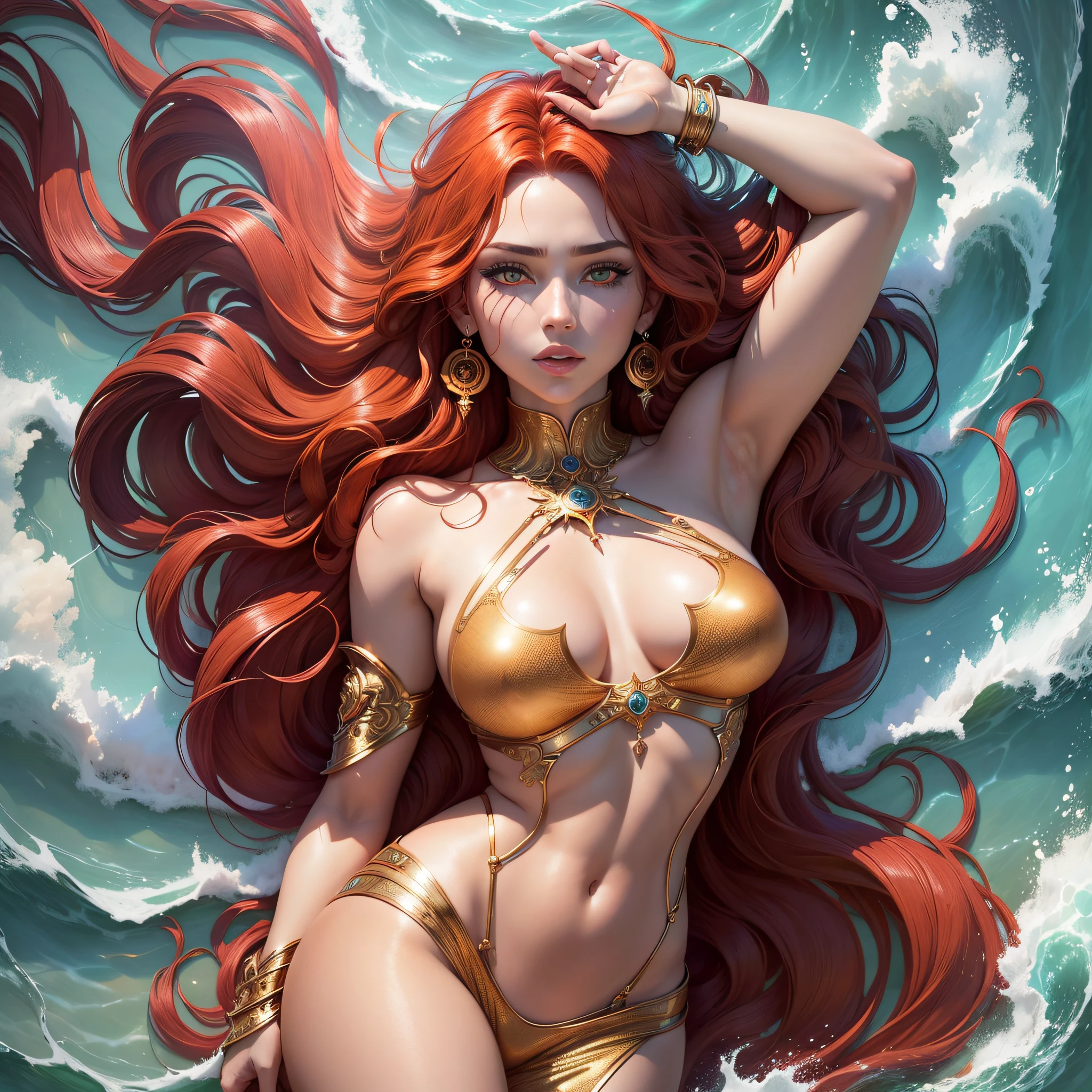 ( Absurd , High quality , ultra detailed to hand ) ( careful hand ) Zodiac sign- Aries goddess , similar to latin goodness , Brave ,willful ,productive ,enterprising and humanitarian face . sunset reddish hair , transparent dress , in the ocean with sun , whole body , crystal fire eyes ( eye detailed ) . strong powerful look . --auto --s2