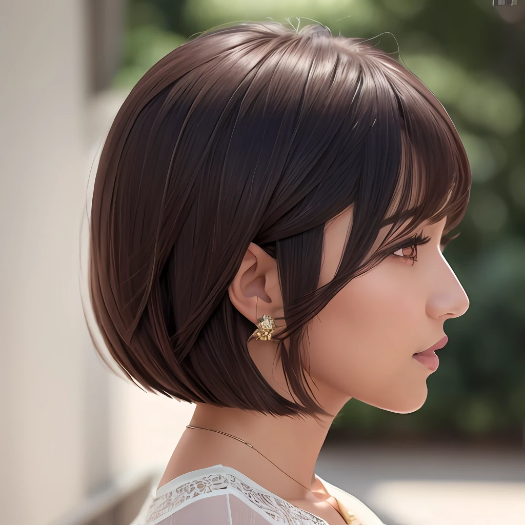 Show me fashion long bob haircut with bangs,8k,4K,young,brown skin,social dress,european origin,perfect skin,profile pose