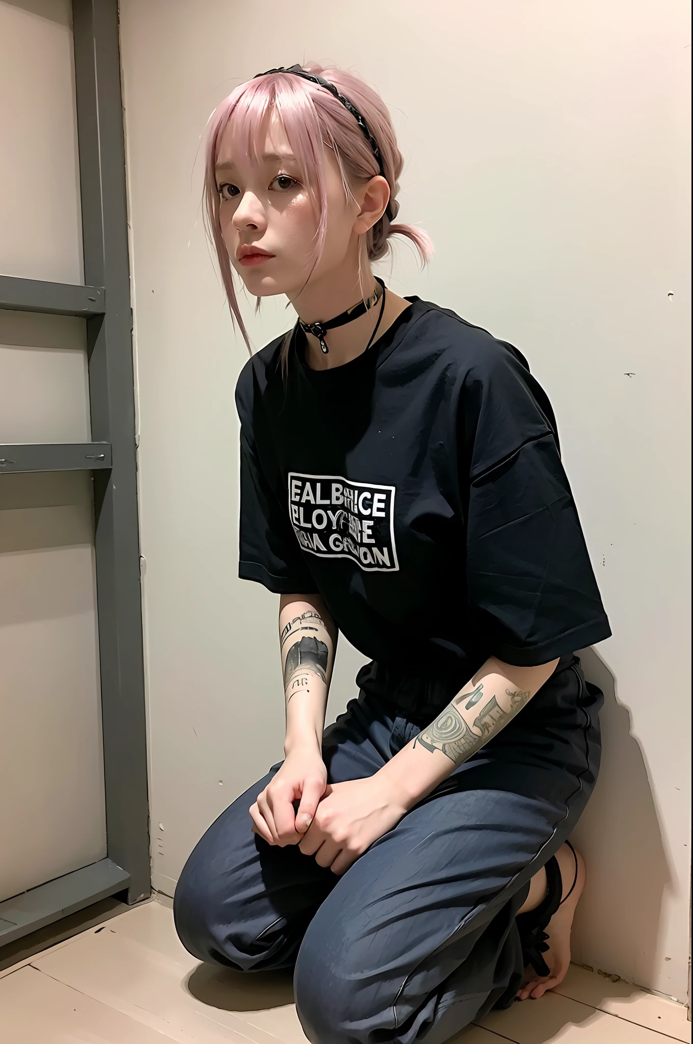 (8k:1.27), best quality, masterpiece, ultra highres:1.2), arrested lesbian goth delinquent girl with arm tattoos, tattooed girl, full body picture, blue oversized knotted prisoner t-shirt with black letters, short big sleeves, blue short inmate pants tied with a rope, dyed pink hair, short bob hairstyle, back pink bun, hair bangs, kneeling in a prison cell, handcuffed, hands tied with rope behind body, submissive neck choker and leash in neck, 4k or 8k picture, looking down sad, paisley bandana ribbon hairband, nose septum piercing, wearing dirty old clothes, smelly, barefoot, praying