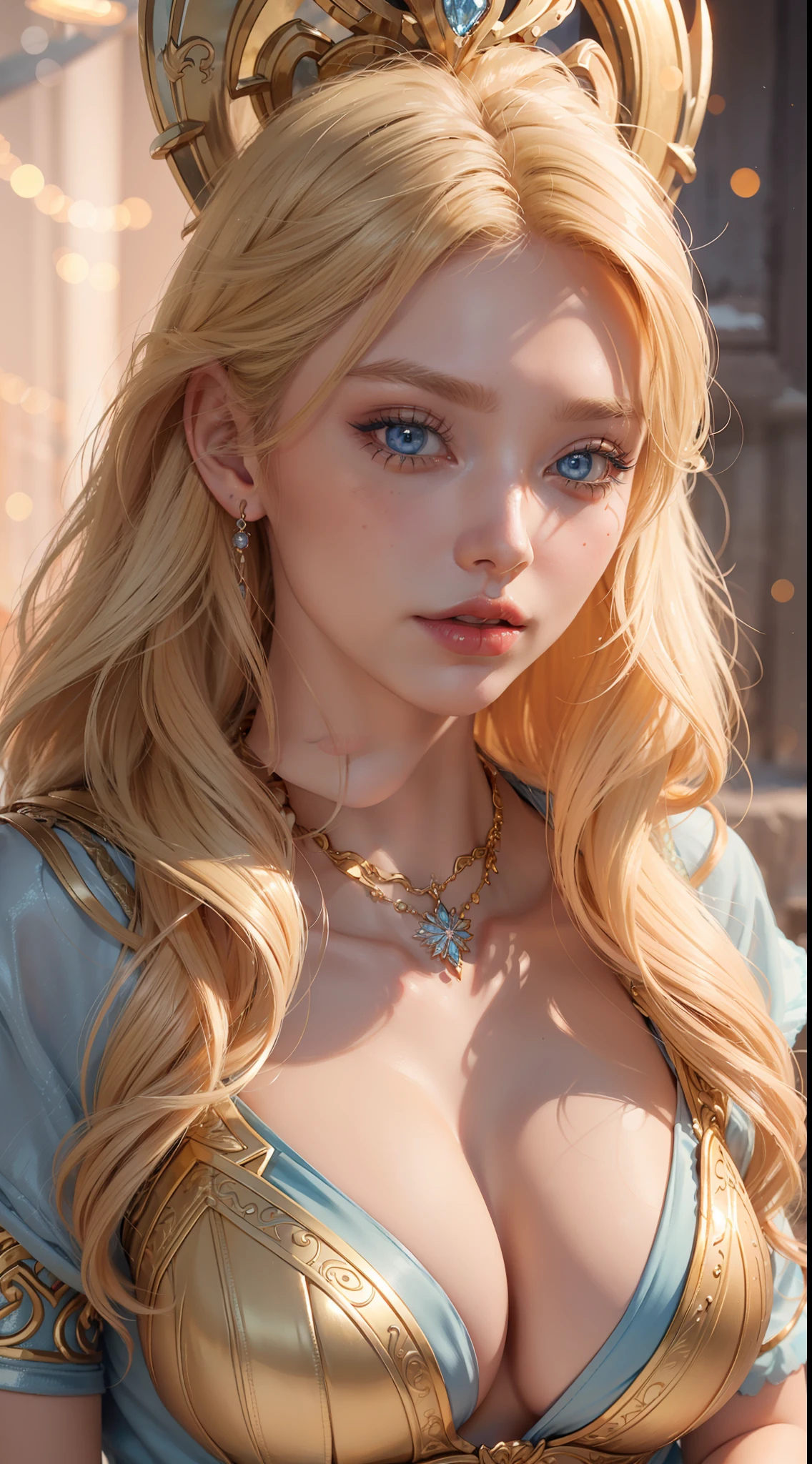 closeup portrait of blonde scandinavian goddess, licking lips, face of elsa hosk, very large breasts, deep cleavage, large elaborate amber necklace, light blue eyes, golden blonde wavy hair, red lipstick, seductive gaze, volumetric lighting, photorealistic, valhalla exterior background, ultra detailed, best quality