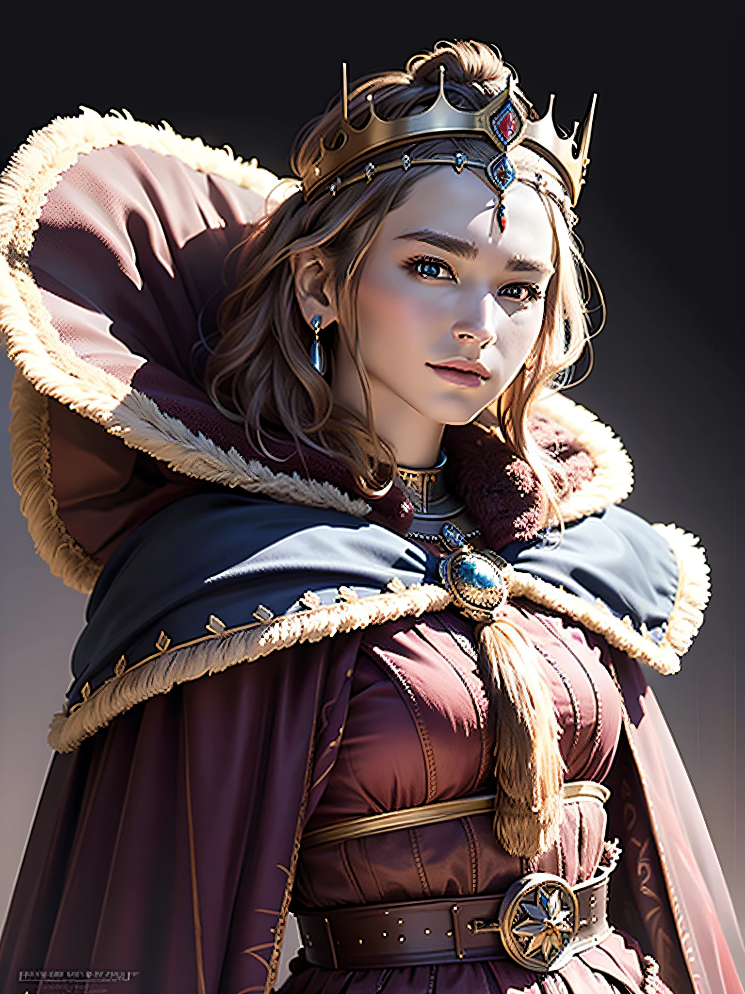 (Masterpiece, Top Quality, Top Quality, Official Art, Beautiful and Aesthetic: 1.2), (1 Girl), (Warrior Queen Armor, Fur-Lined Cape, Bejeweled Crown: 1.2), Serious, Photo, Colossal