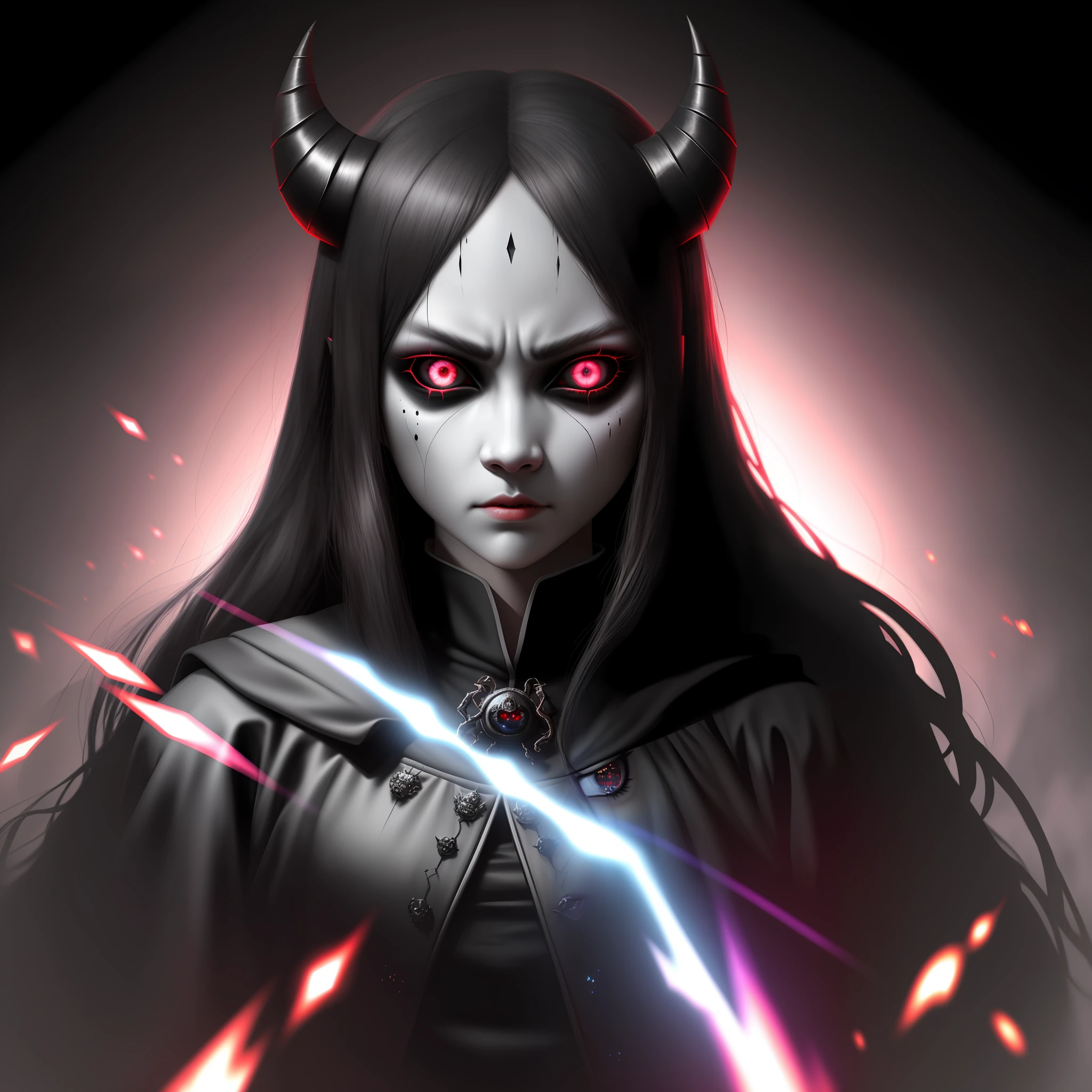 dashed eyes, hollow eyes, mismatched sclera, demon horns, Surrealism, chiaroscuro, 一个女孩,cinematic lighting, depth of field, optical illusion, speed lines, sparkle, tachi-e, panorama, super detail, 8k, best quality