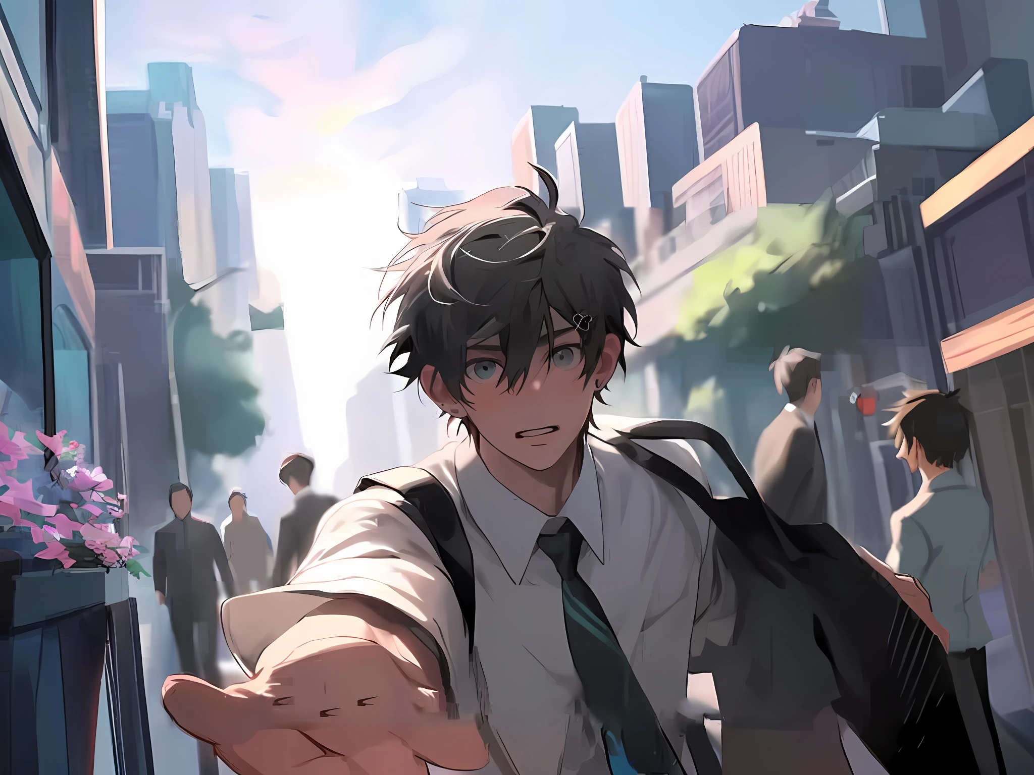 anime boy in a tie and tie holding his hand out, tall anime guy with blue eyes, handsome anime pose, young anime man, kawacy, anime boy, high quality anime artstyle, anime moe artstyle, inspired by Okumura Masanobu, anime handsome man, inspired by Okumura Togyu, male anime character, male anime style