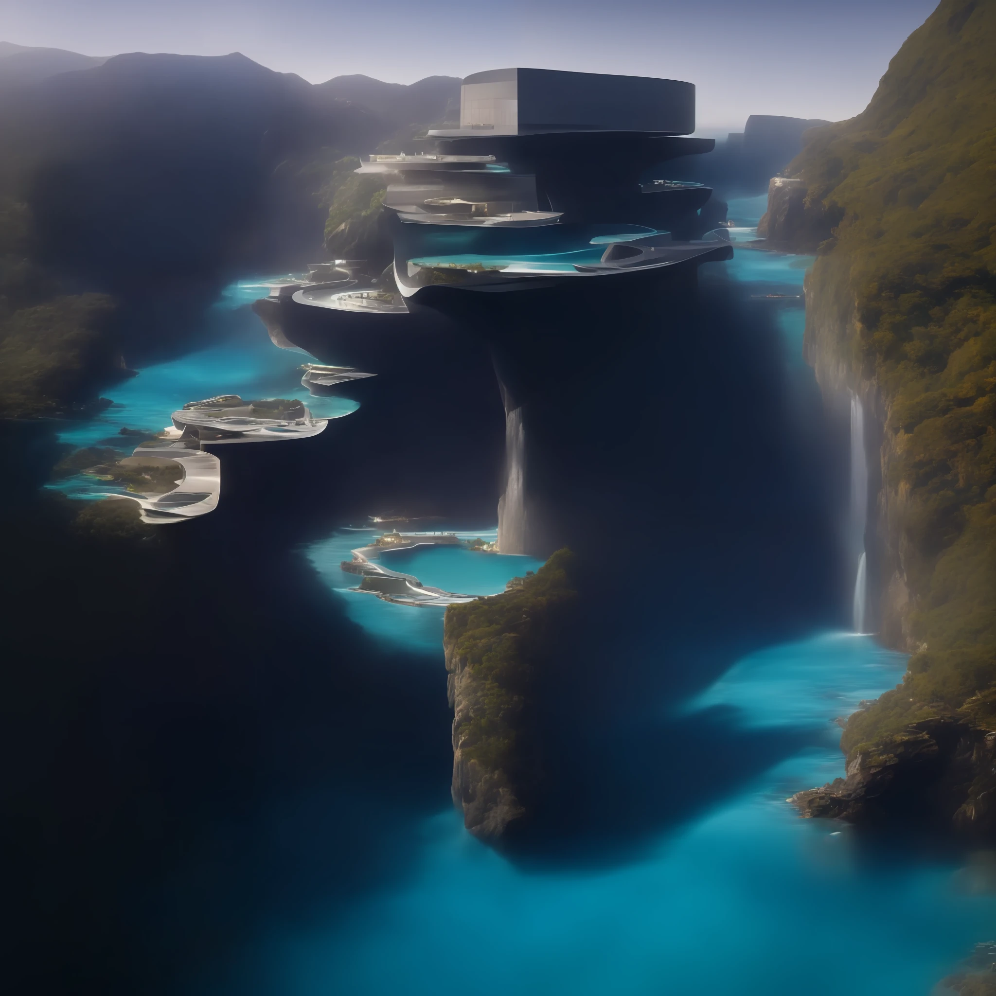 a modern futuristic design large cliff House's with a artificial waterfall and a pool in the middle, nature meets architecture, built around blue ocean, realistic beehive architecture, organic architecture, very close to real nature, breathtaking render, island with cave, stunning architecture, luxury architecture, realistic fantasy render, by Zha Shibiao, epic and stunning, architectural visualization, epic architecture, concept art. 8 k
