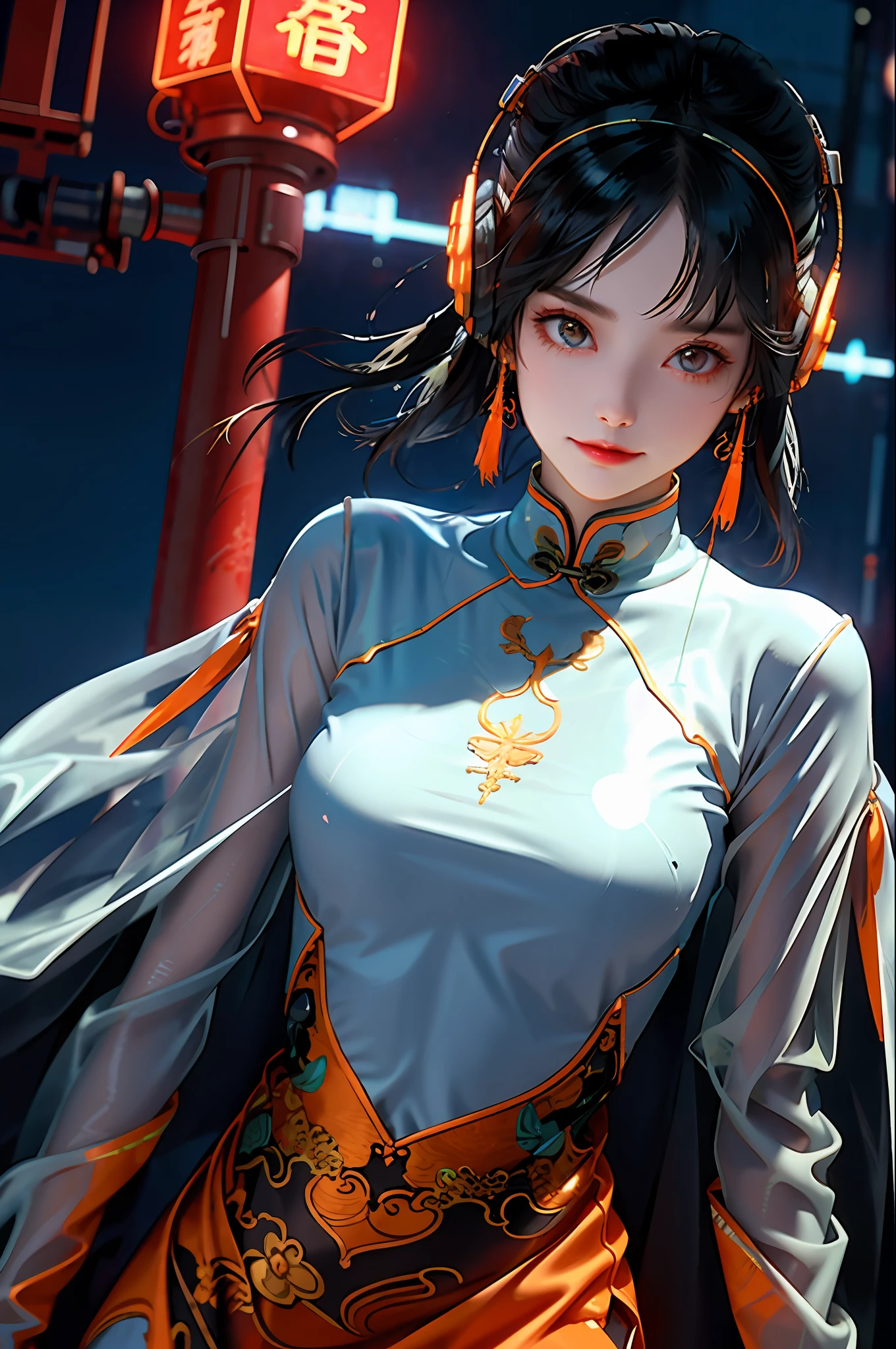 1 girl, Chinese_clothes, white and orange, cyberhan, cheongsam, cyberpunk city, dynamic pose, glowing headphones, glowing hair accessories, long hair, glowing earrings, glowing necklace, cyberpunk, high-tech city, full of mechanical and futuristic elements, futuristic, technology, glowing neon, orange, orange light, transparent tulle, transparent streamers, laser, digital background urban sky, big moon, with vehicles, best quality, masterpiece, 8K, character edge light, super high detail, High quality, the most beautiful woman in man, smiling slightly7