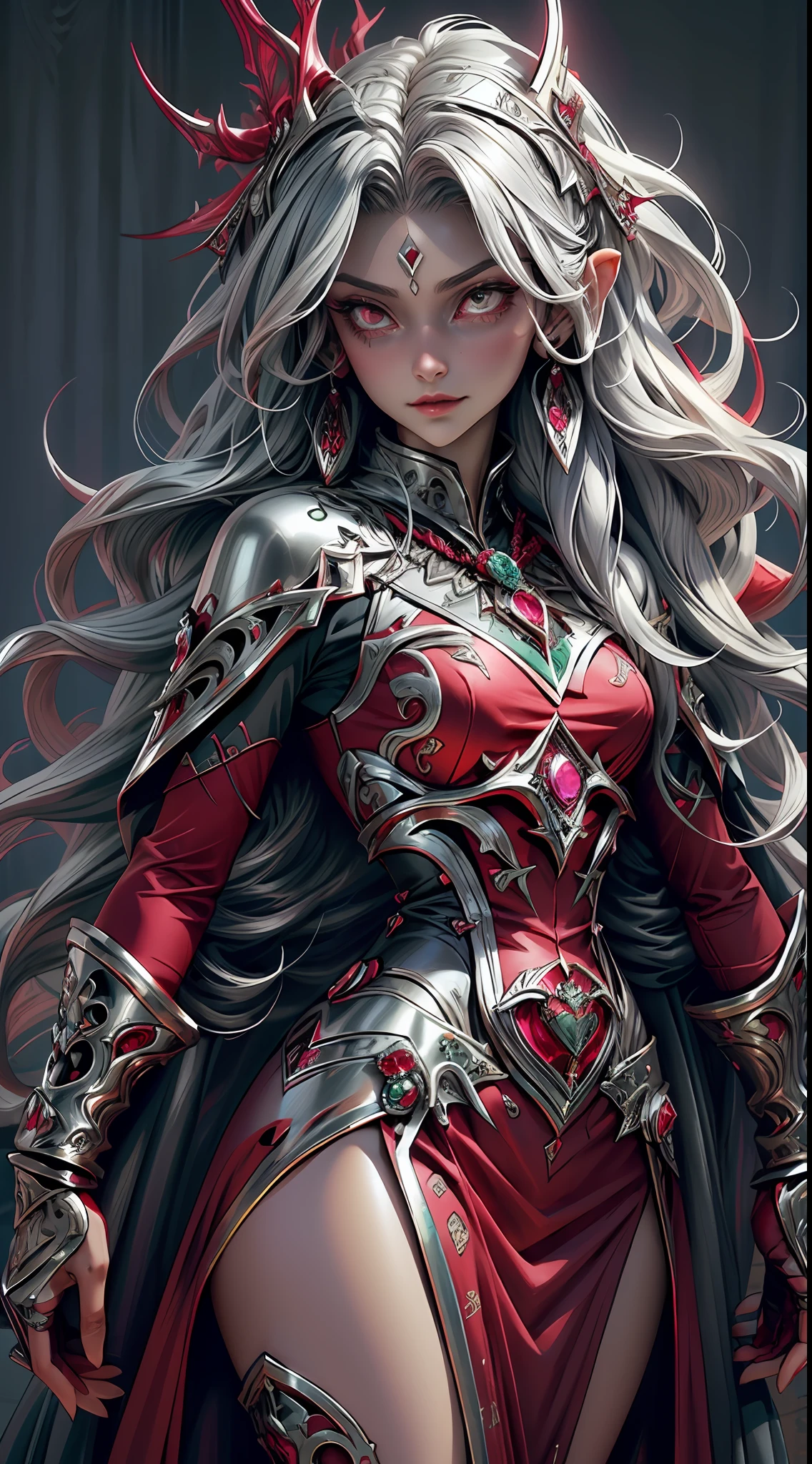 (masterpiece:1.4, best quality), emerald color, ruby color, silver color, (intricate details), unity 8k wallpaper, ultra detailed, (a fantasy vampire girl),illustration, full body, ethereal figure, otherworldly subjects, (style of Alex Konstad:1.3), vivid hues, vamptech, blood, vampiric, (alluring dress), (medival:1.1), (bold use of colors:1.1), wavy hair, very extra long hair, (ruby), (emerald), (silver), intricate patterns, fusion of traditional and digital techniques, (castle:1.2),