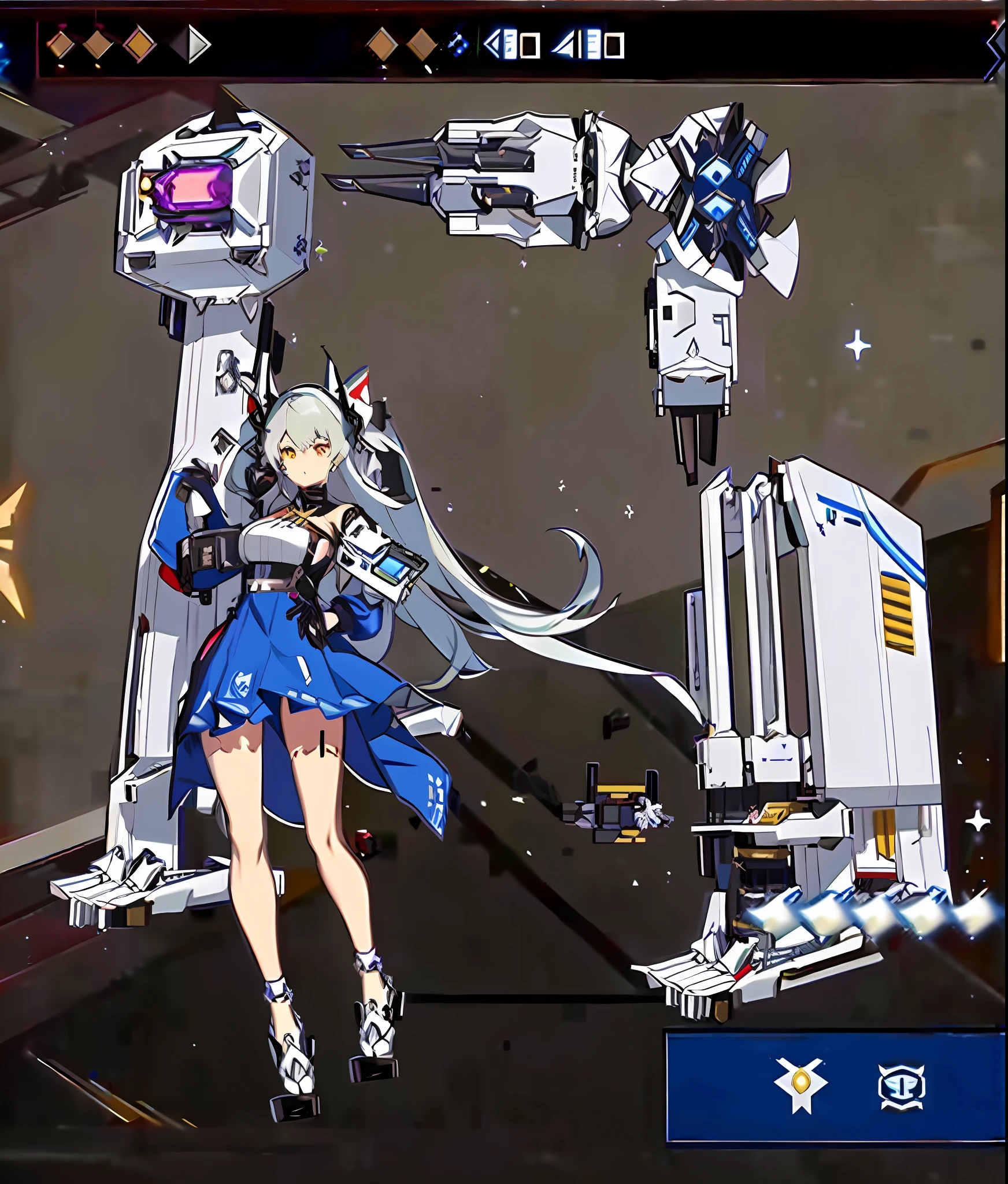 a screenshot of a woman in a dress standing next to a robot, from the azur lane videogame, azur lane style, kantai collection arcade, kantai collection style, from girls frontline, girl with warship parts, girls frontline style, from arknights, mechanized valkyrie girl, characters from azur lane, fully robotic!! girl, fine details. girls frontline