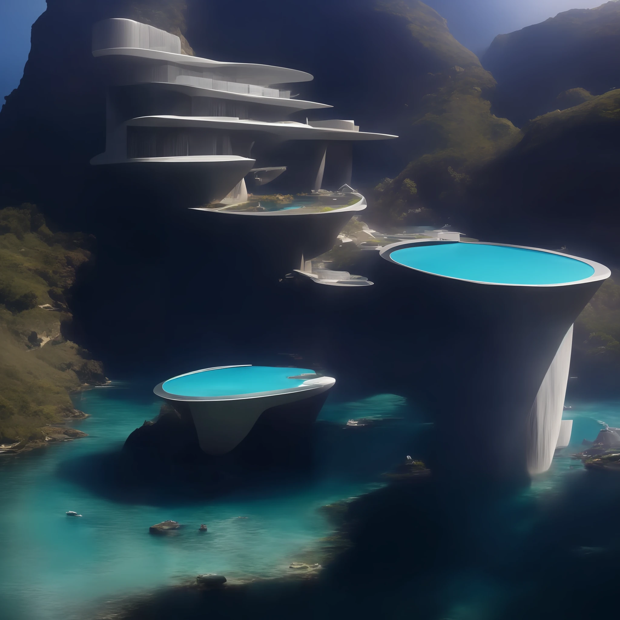 a modern futuristic design large cliff House's with a artificial waterfall and a pool in the middle, nature meets architecture, built around blue ocean, realistic beehive architecture, organic architecture, very close to real nature, breathtaking render, island with cave, stunning architecture, luxury architecture, realistic fantasy render, by Zha Shibiao, epic and stunning, architectural visualization, epic architecture, concept art. 8 k