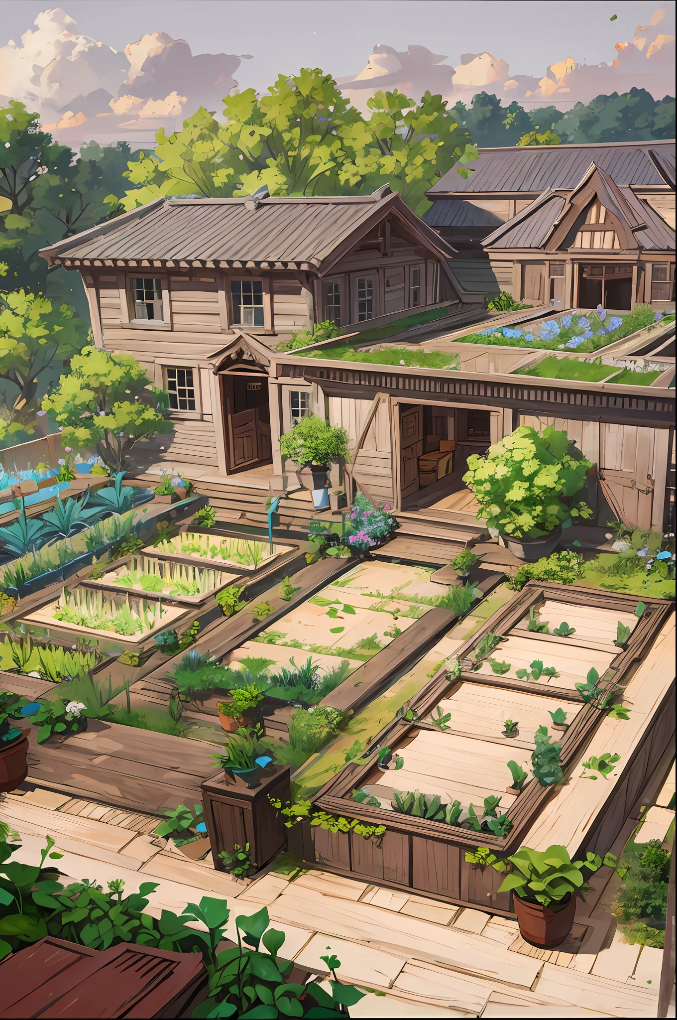 Cie the image in drawing of a rustic site with a house with a large balcony in the house and a large vegetable garden, with boxes of chayote, chicory and lettuce --auto --s2