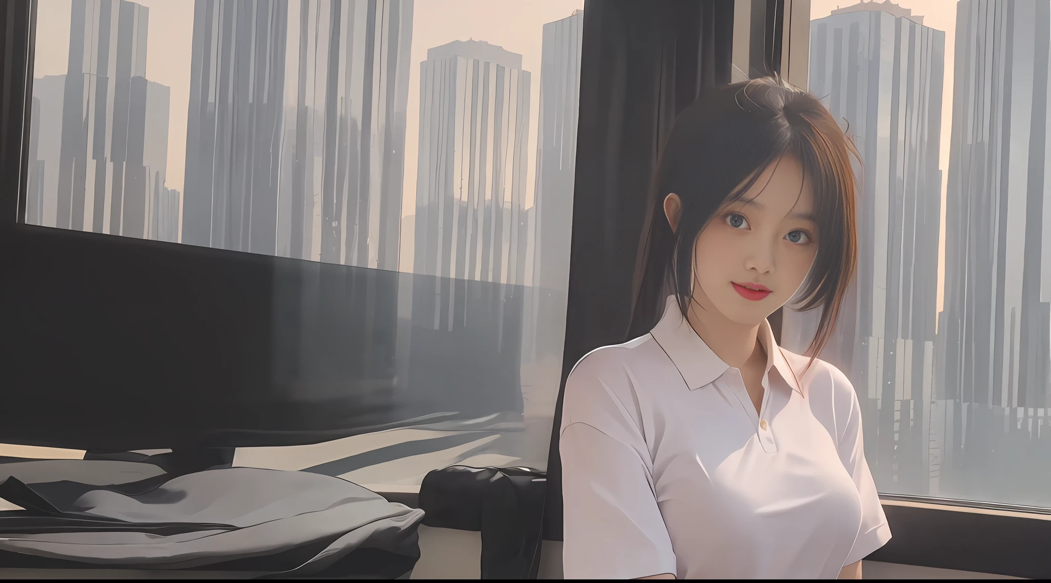 (pleated skirt: 1.2 + Japanese uniform: 1.1+ high-rise building), (masterpiece, highest quality, HD full picture: 1.2), (happy beautiful girl, normal bust, wearing (AT letter logo) white polo shirt, outside the window (cyberpunk high-rise building city view), morning sunlight shining through the window, details depicted