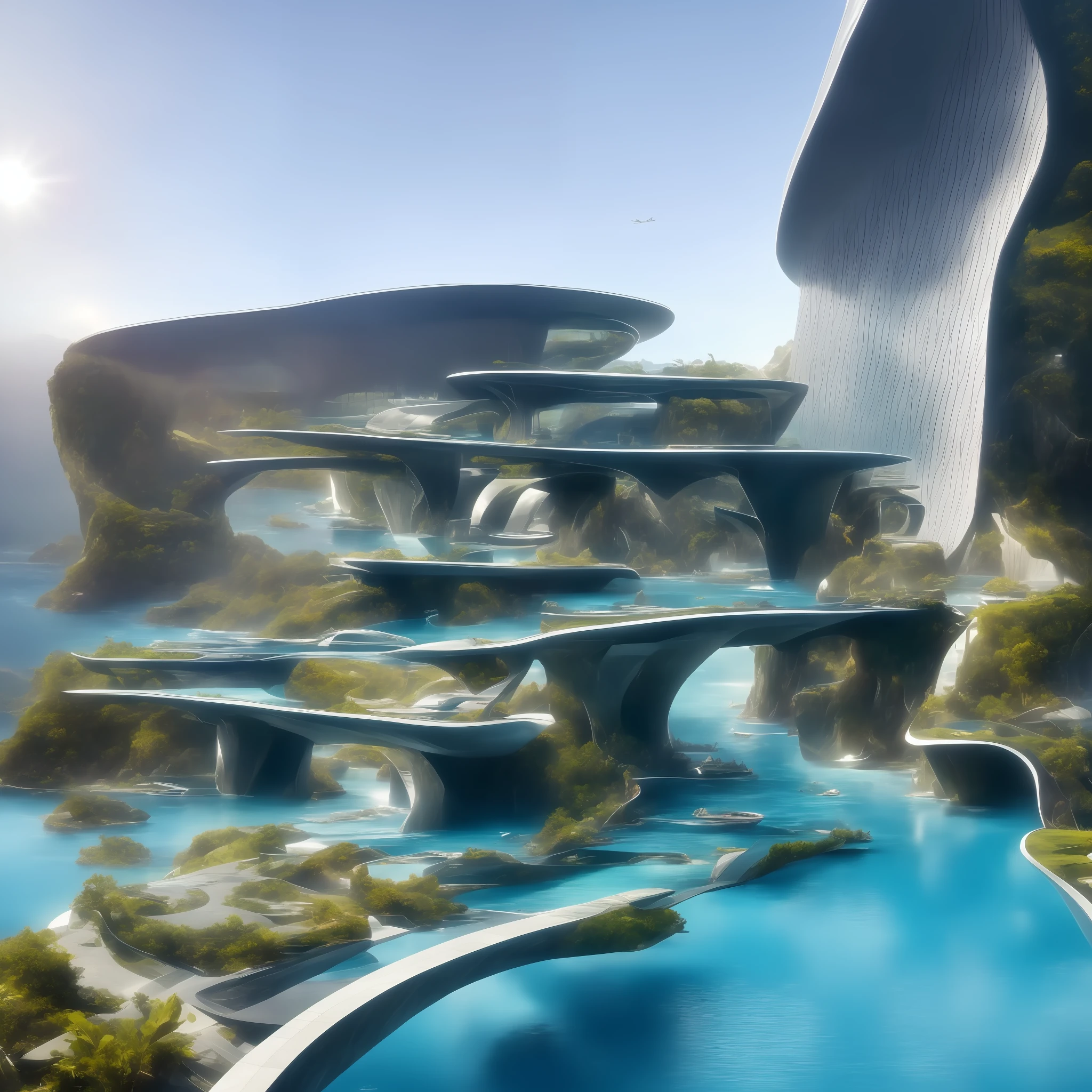 a modern futuristic design large cliff House's with a artificial waterfall and a pool in the middle, nature meets architecture, built around blue ocean, realistic beehive architecture, organic architecture, very close to real nature, breathtaking render, island with cave, stunning architecture, luxury architecture, realistic fantasy render, by Zha Shibiao, epic and stunning, architectural visualization, epic architecture, concept art. 8 k
